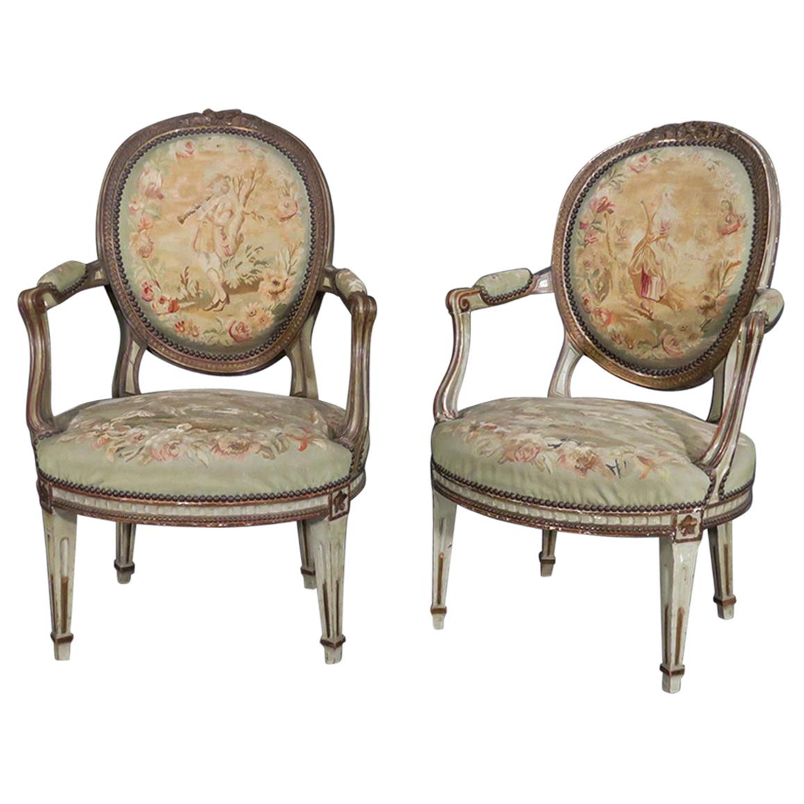 Rare Pair of Paint Decorated 1870s French Louis XVI Aubusson Fauteuils Armchairs
