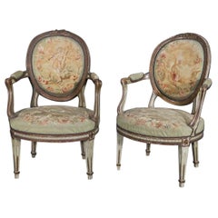 Rare Pair of Paint Decorated 1870s French Louis XVI Aubusson Fauteuils Armchairs