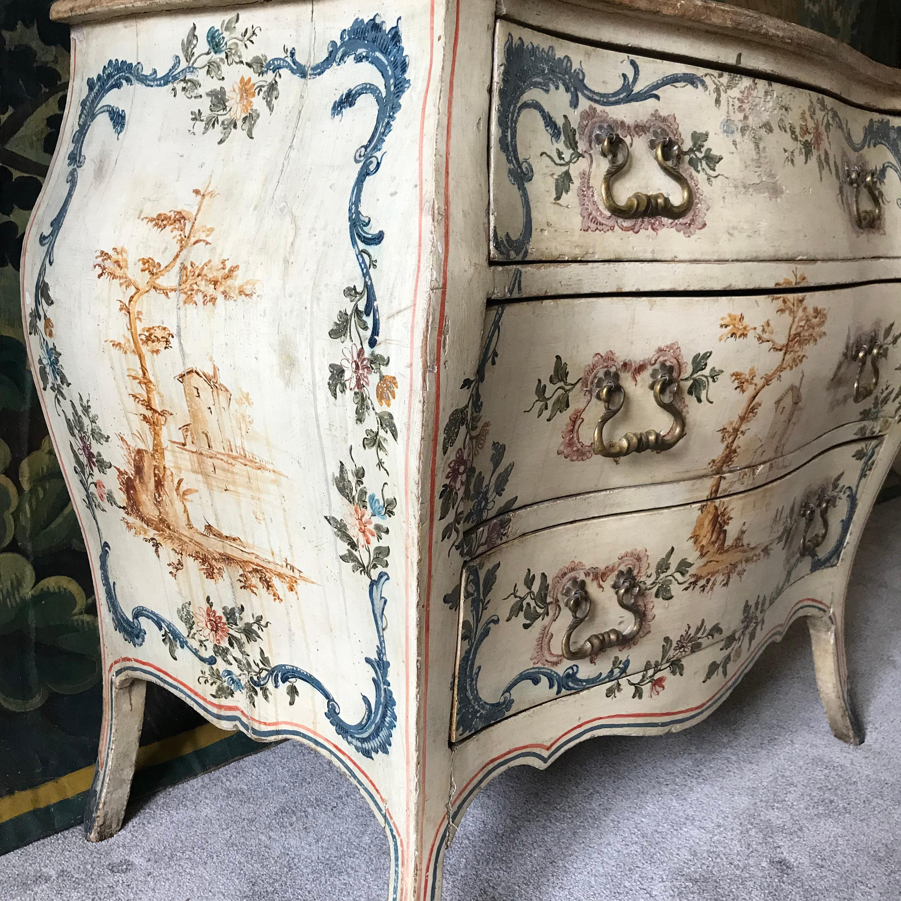 Hand-Painted Pair of 18th Century Painted Italian Commodes 