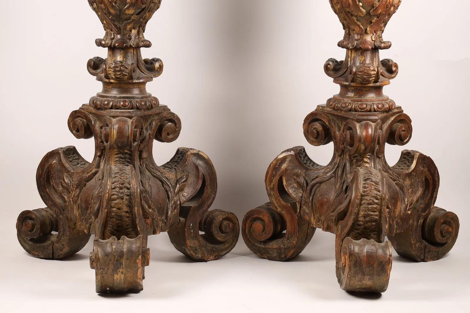 Rare Pair of Palatial Italian Carved Wood Walnut Torchieres For Sale 8