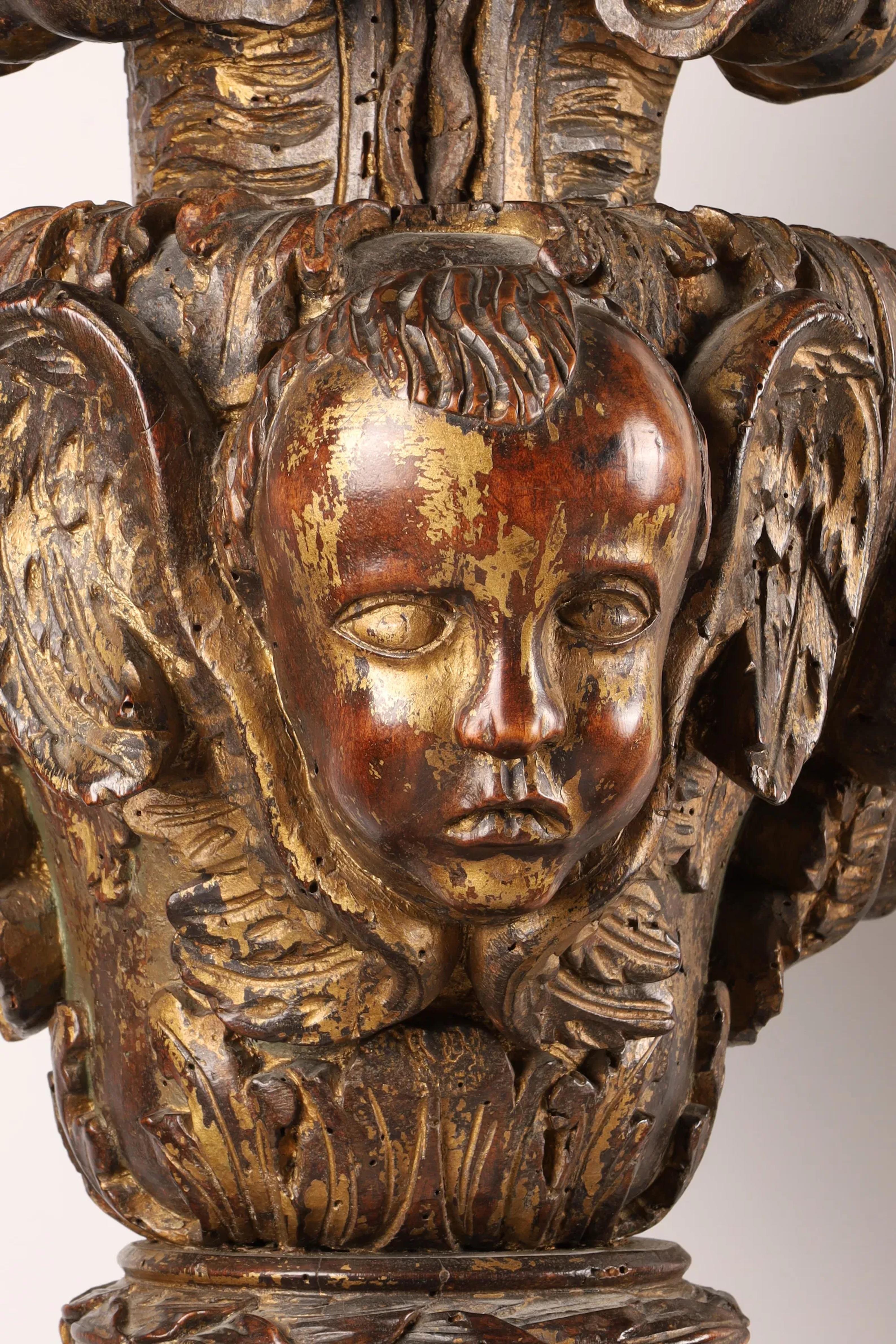 Rare Pair of Palatial Italian Carved Wood Walnut Torchieres For Sale 4