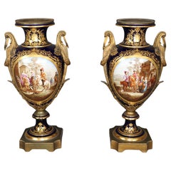 Rare Pair of Palatial Sevres 1900s Era Sevres Figural Painted Urns