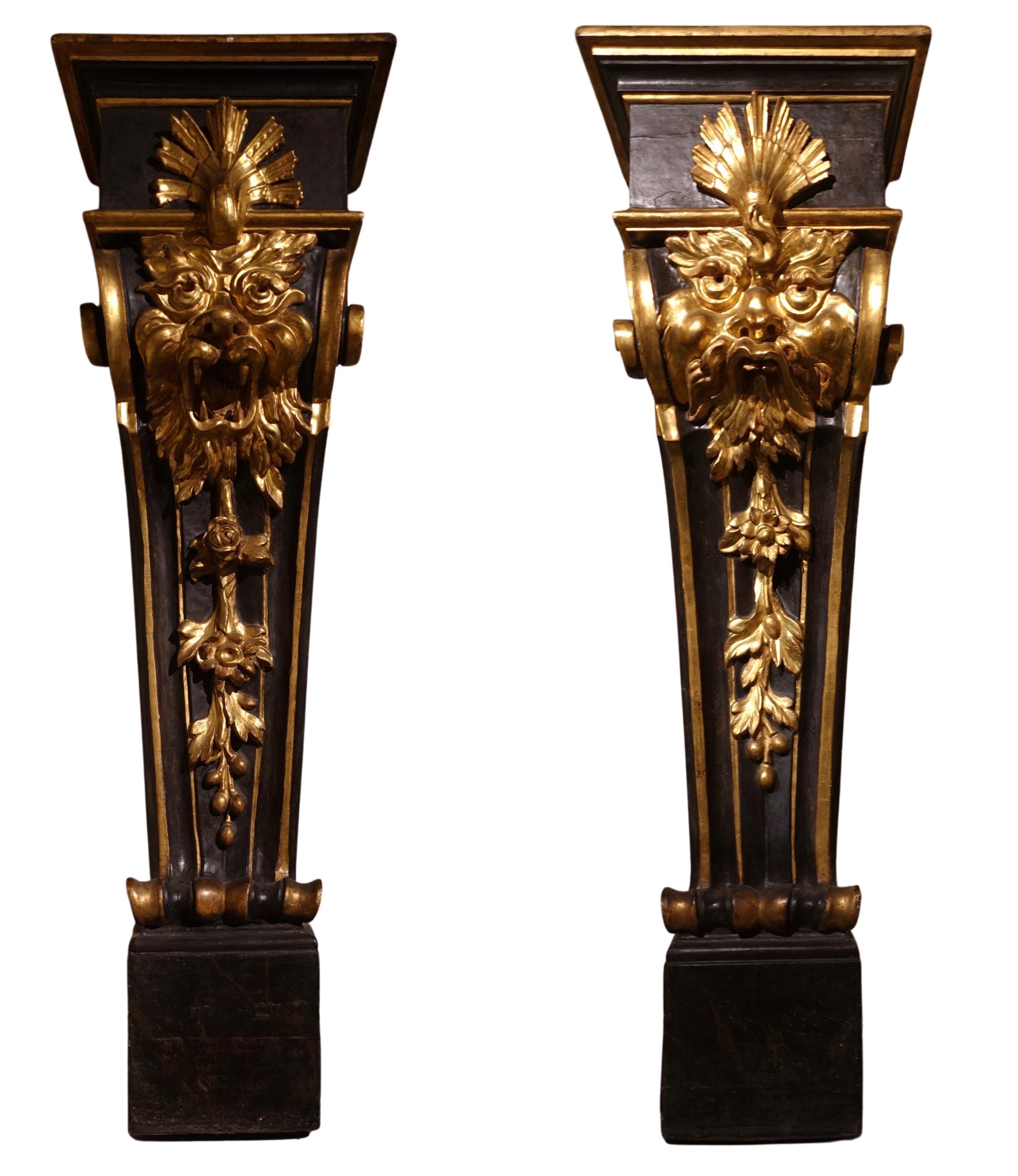 Italian Rare Pair of Pedestals Decorated with Grotesques, Florence, Early 17th Century