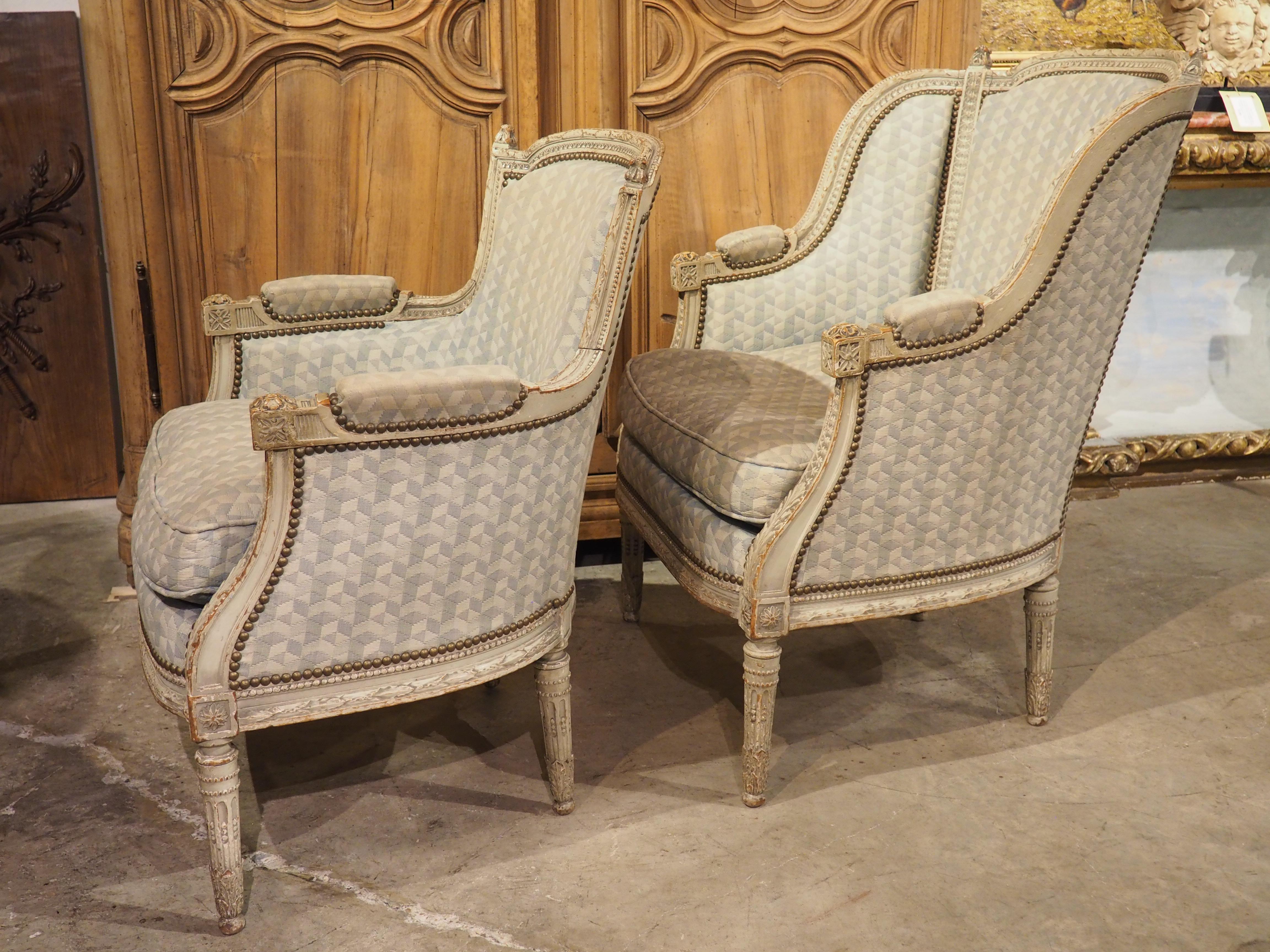 Rare Pair of Period French Louis XVI His and Hers Bergère Armchairs, Circa 1780 For Sale 13