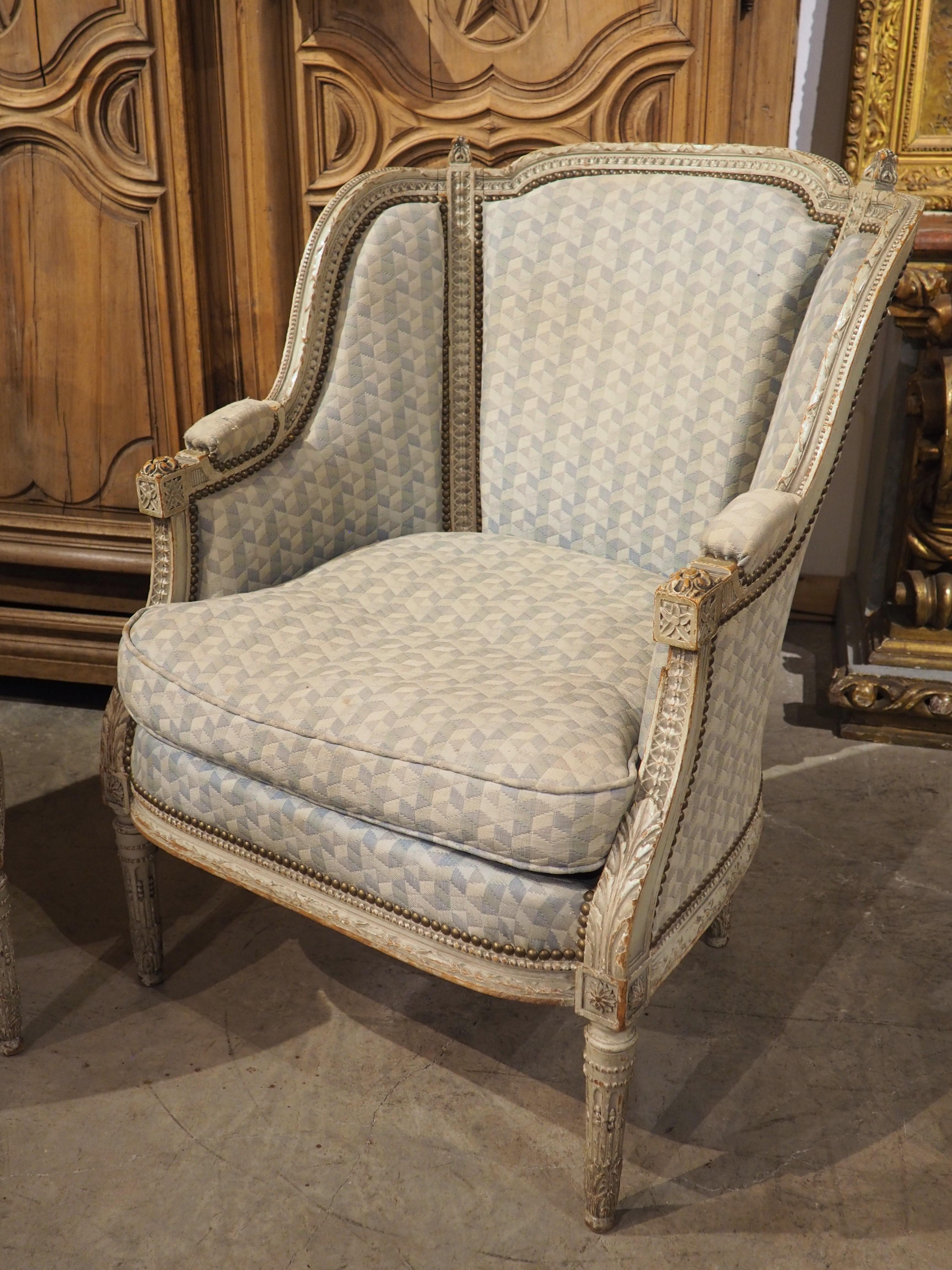 Hand-Carved Rare Pair of Period French Louis XVI His and Hers Bergère Armchairs, Circa 1780 For Sale