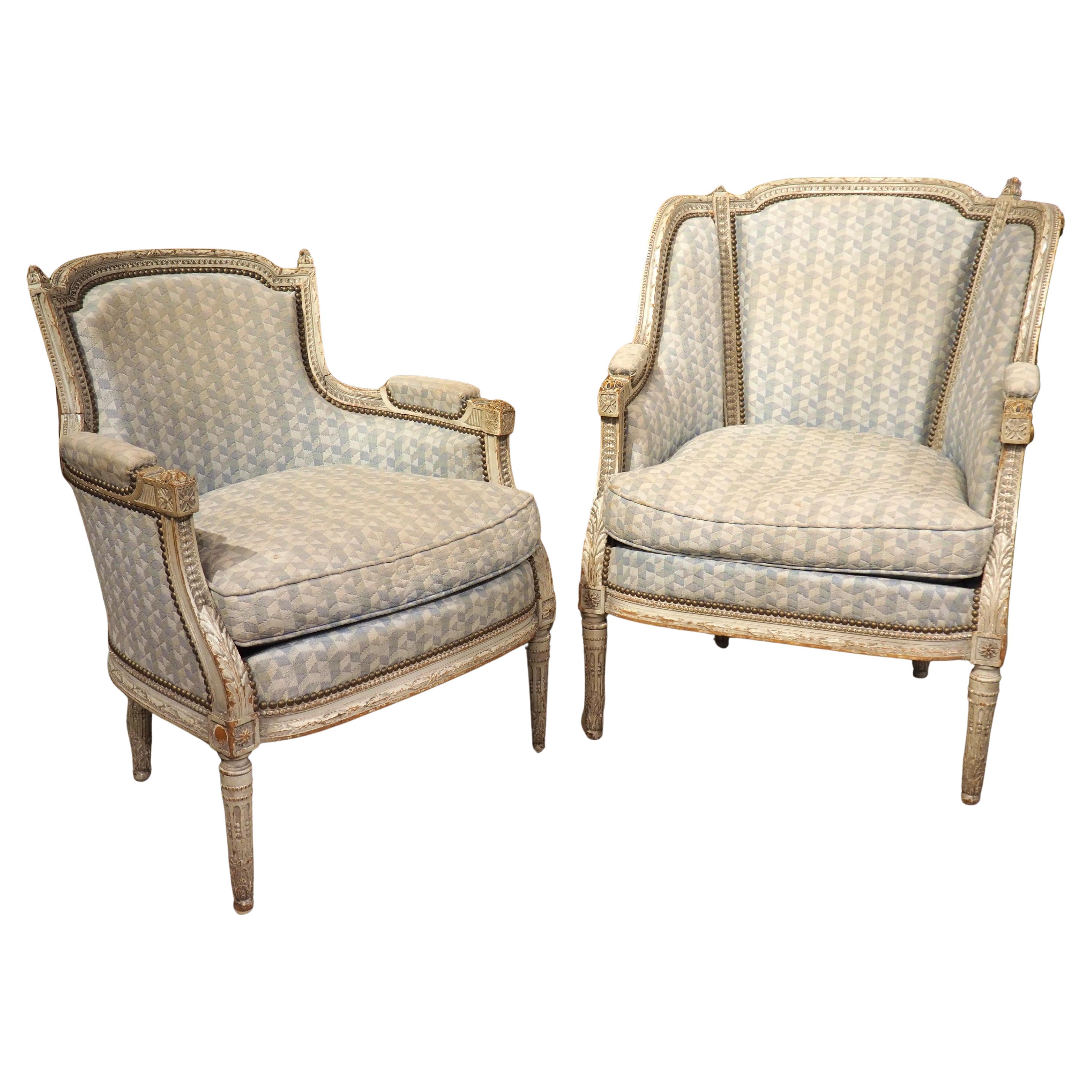 Rare Pair of Period French Louis XVI His and Hers Bergère Armchairs, Circa 1780 For Sale