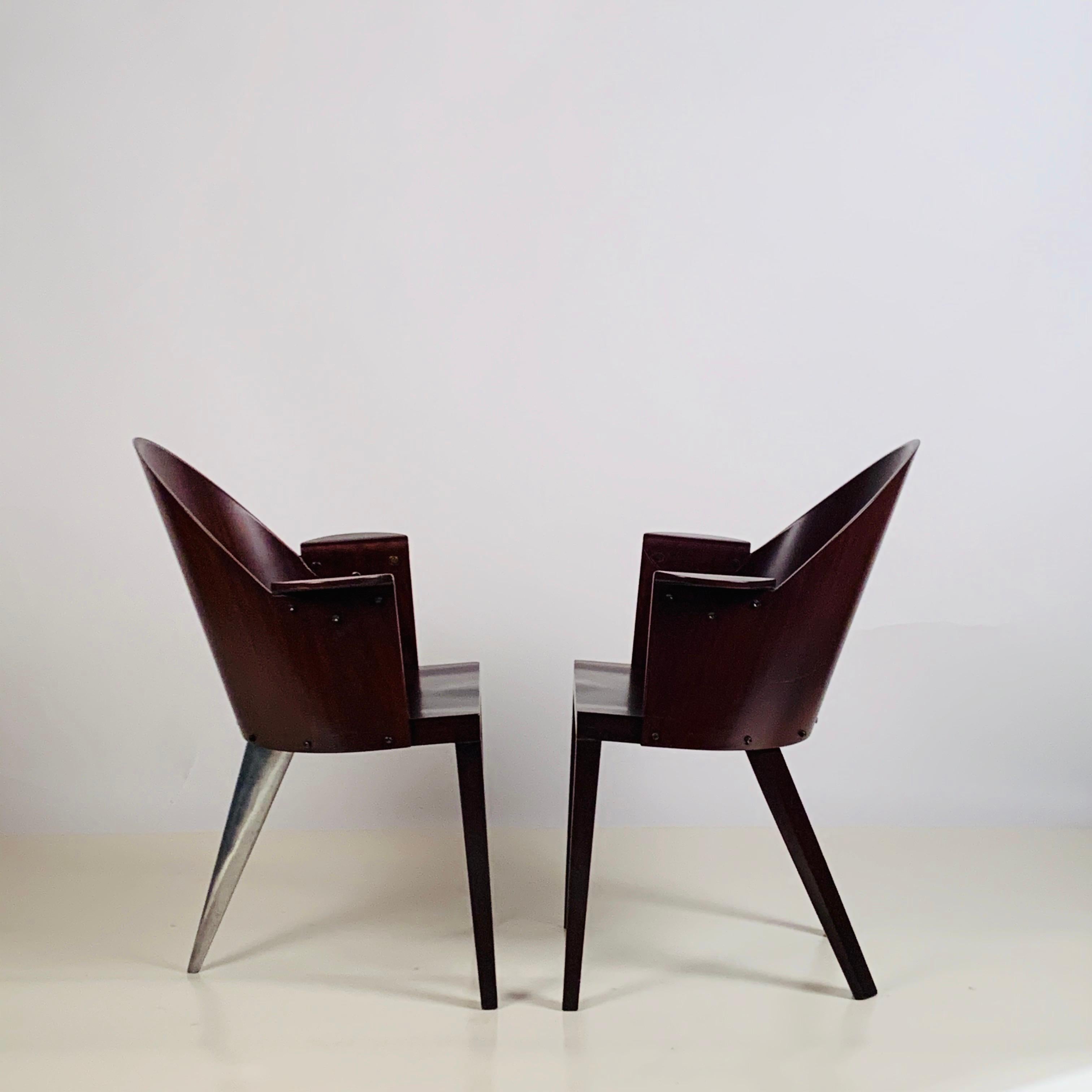 Rare pair of Philippe Starck armchairs from the Royalton Hotel, NYC. Original label. Royalton Hotel is located just east of Times Square in Manhattan at 44 West 44th Street. It was the first hotel designed by Philippe Starck and reopened on October