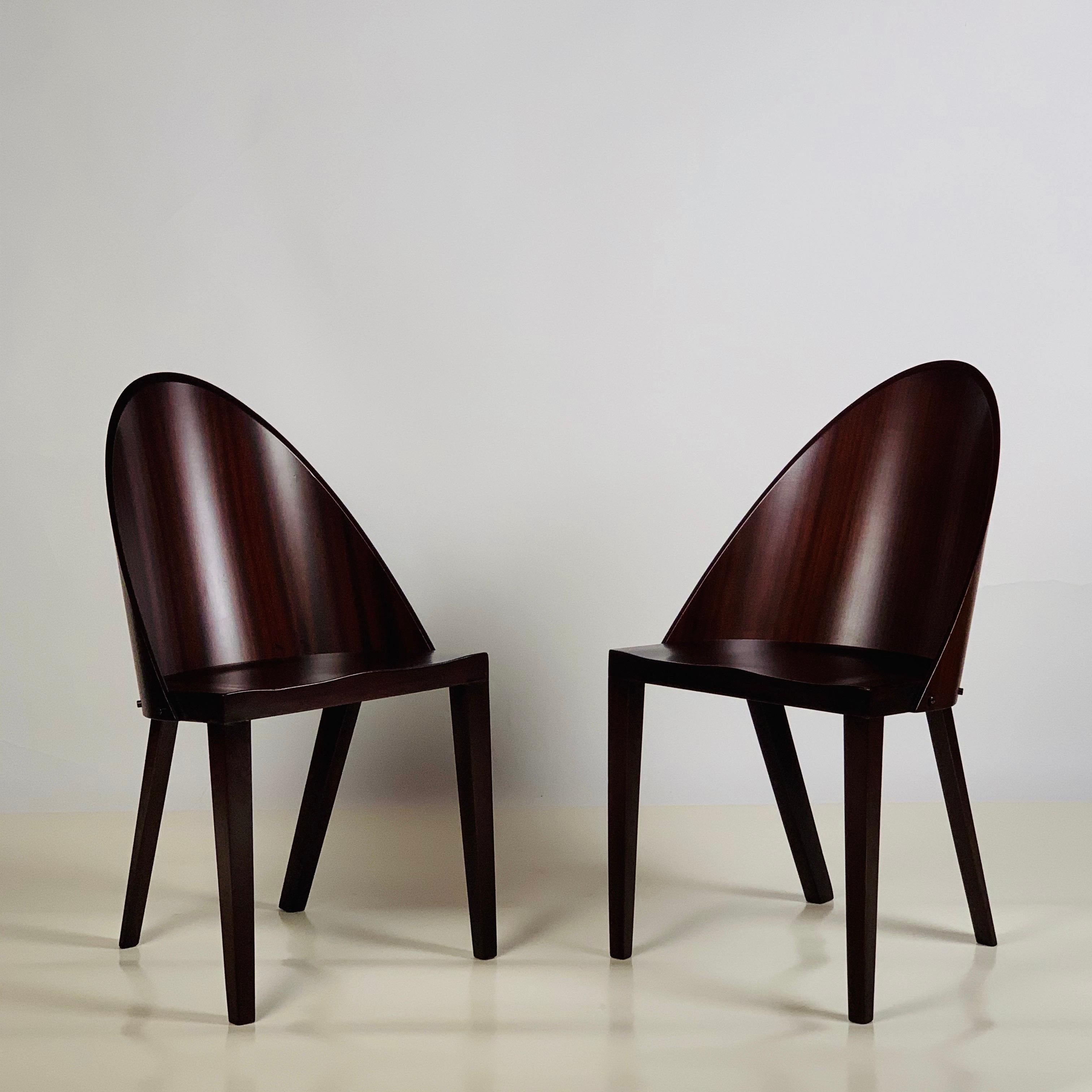 Rare pair of Philippe Starck chairs from the Royalton Hotel, NYC. Original label. Royalton Hotel is located just east of Times Square in Manhattan at 44 West 44th Street. It was the first hotel designed by Philippe Starck and reopened on October 10,