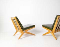 Rare Pair of Pierre Jeanneret Scissor Lounge Chairs for Knoll in Moss Leather