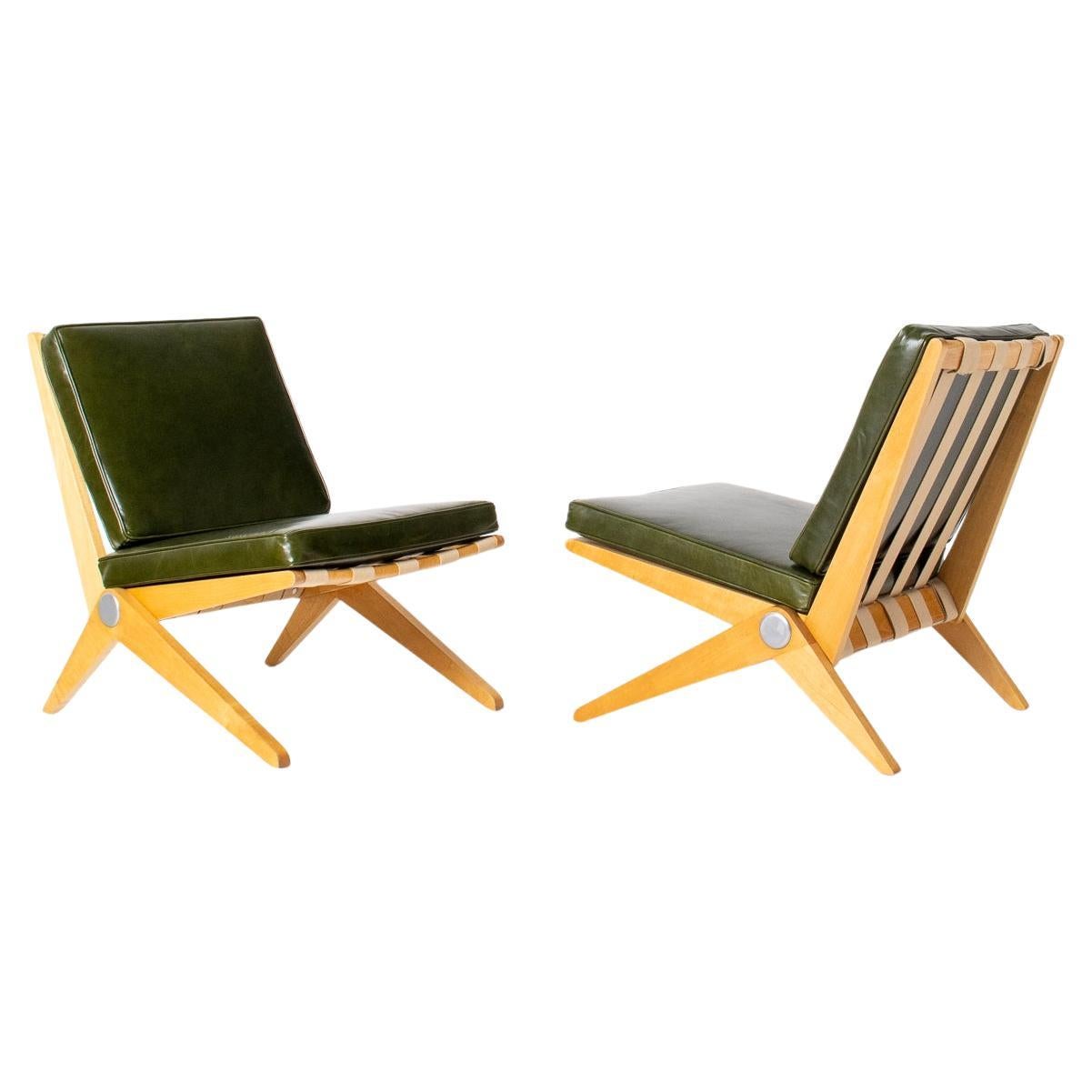 Seltenes Paar Pierre Jeanneret Scissor Lounge Chairs für Knoll in Moosleder