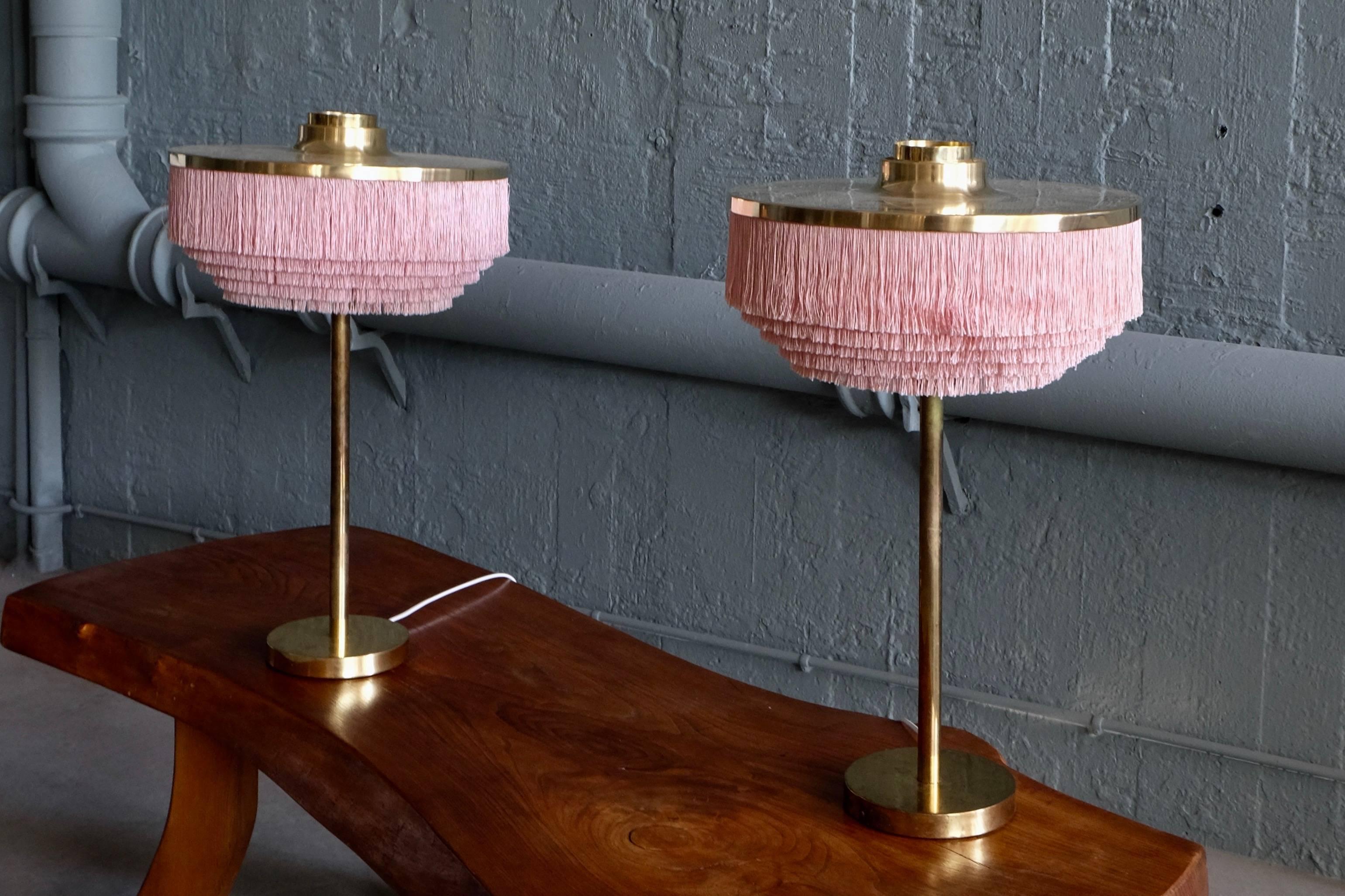 Swedish Rare Pair of Pink Hans-Agne Jakobsson Model B-138 Brass Table Lamps, 1960s
