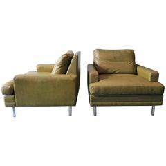Rare Pair of Pistachio Leather Lounge Chairs, 1960-1970