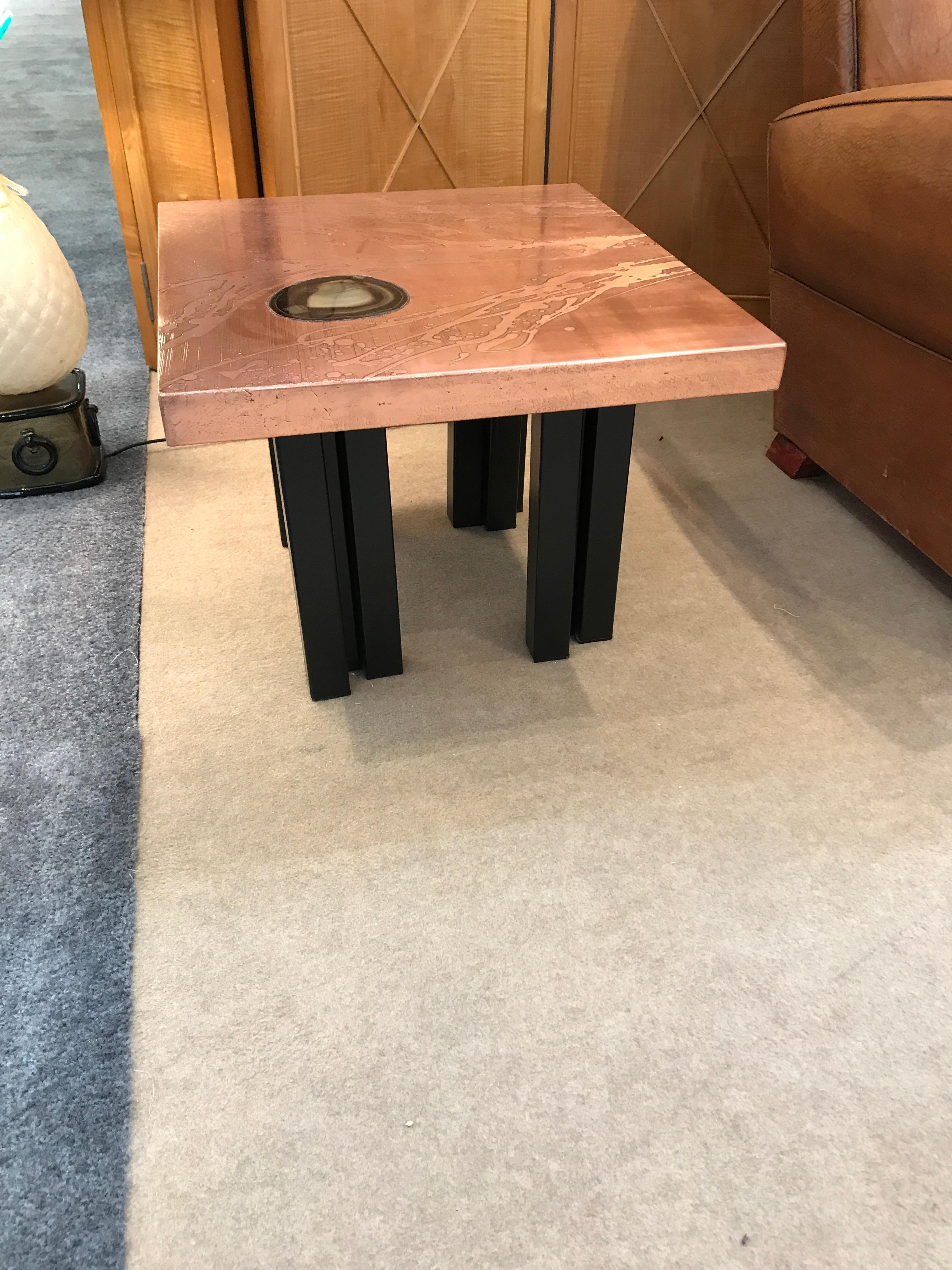 Rare pair of polished acid etched copper end tables inset with agate decorations by Lova Creation, Belgium, circa 1980.




 
