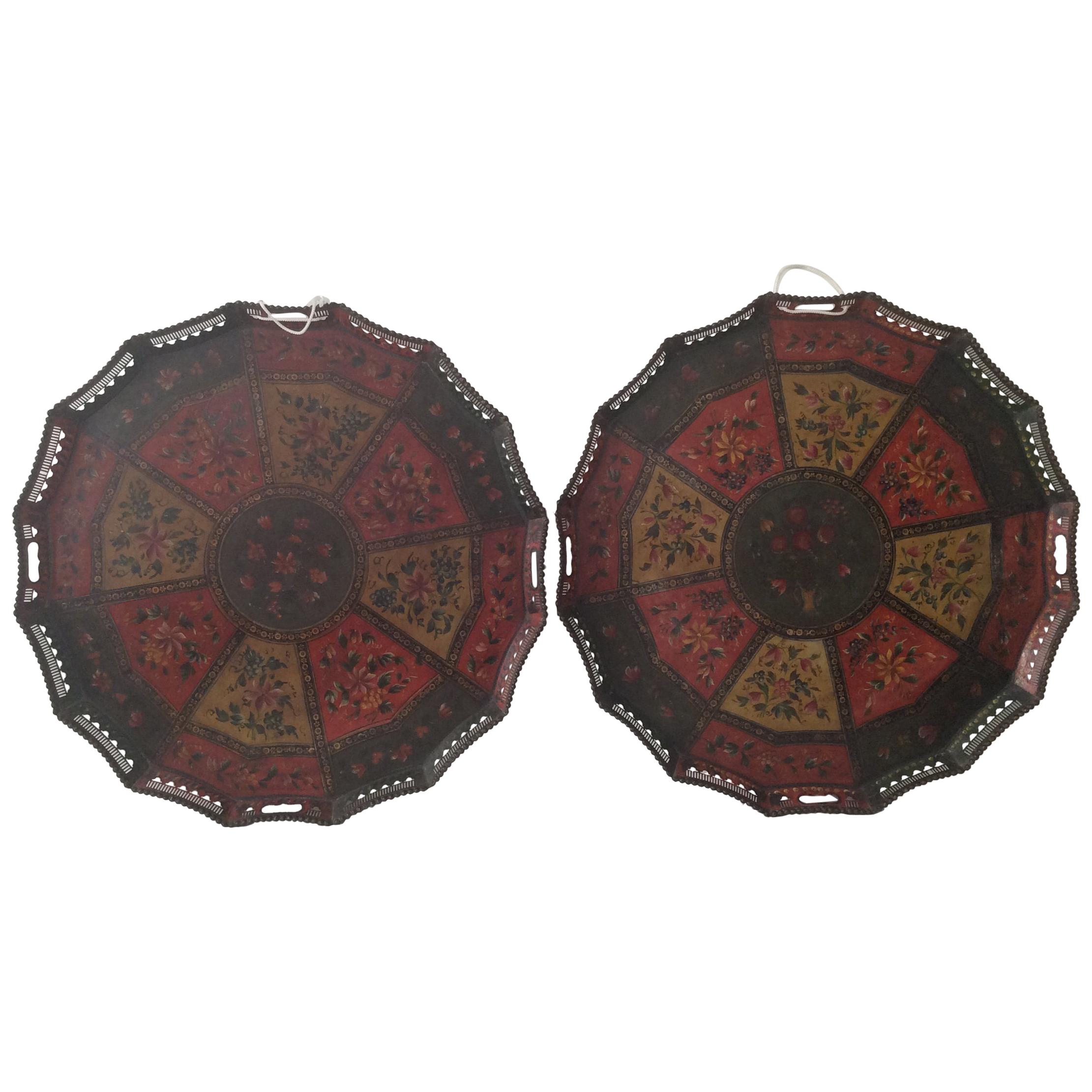 Rare Pair of Polychrome Painted Russian Tole Trays