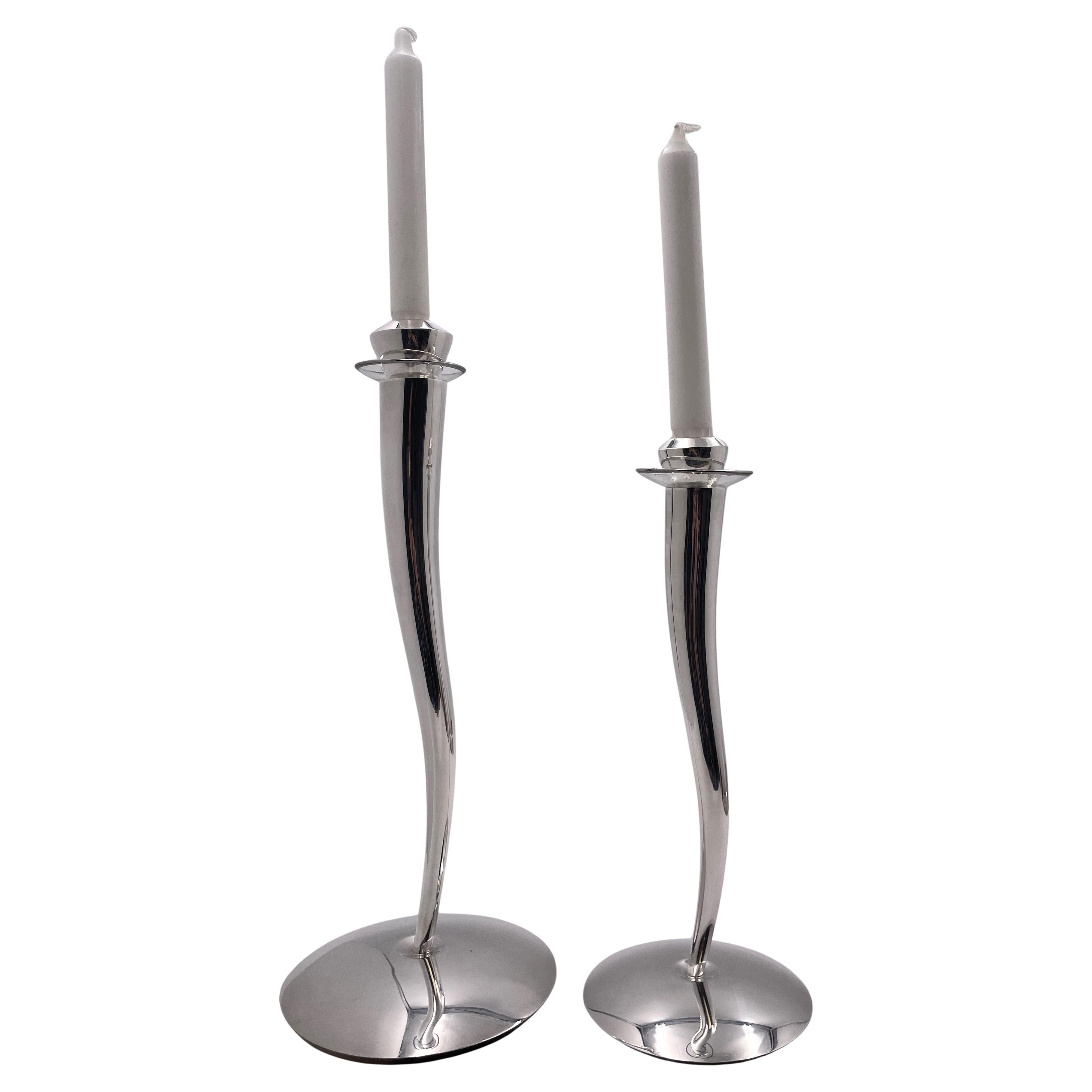 Rare Pair of Pomellato Sterling Silver Candlesticks in Mid-Century Modern Style