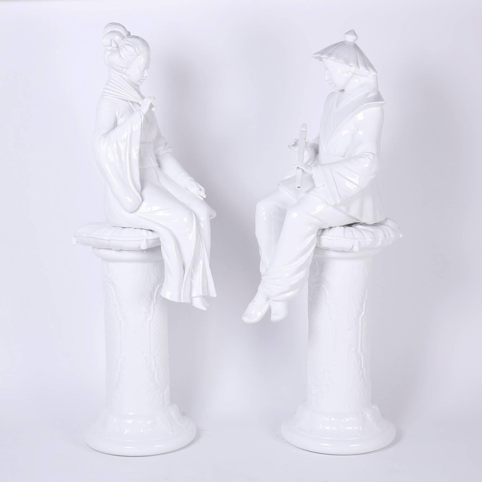 Rare Pair of Porcelain Chinoiserie Male and Female Figures on Pedestals 3