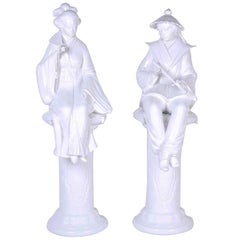 Antique Rare Pair of Porcelain Chinoiserie Male and Female Figures on Pedestals