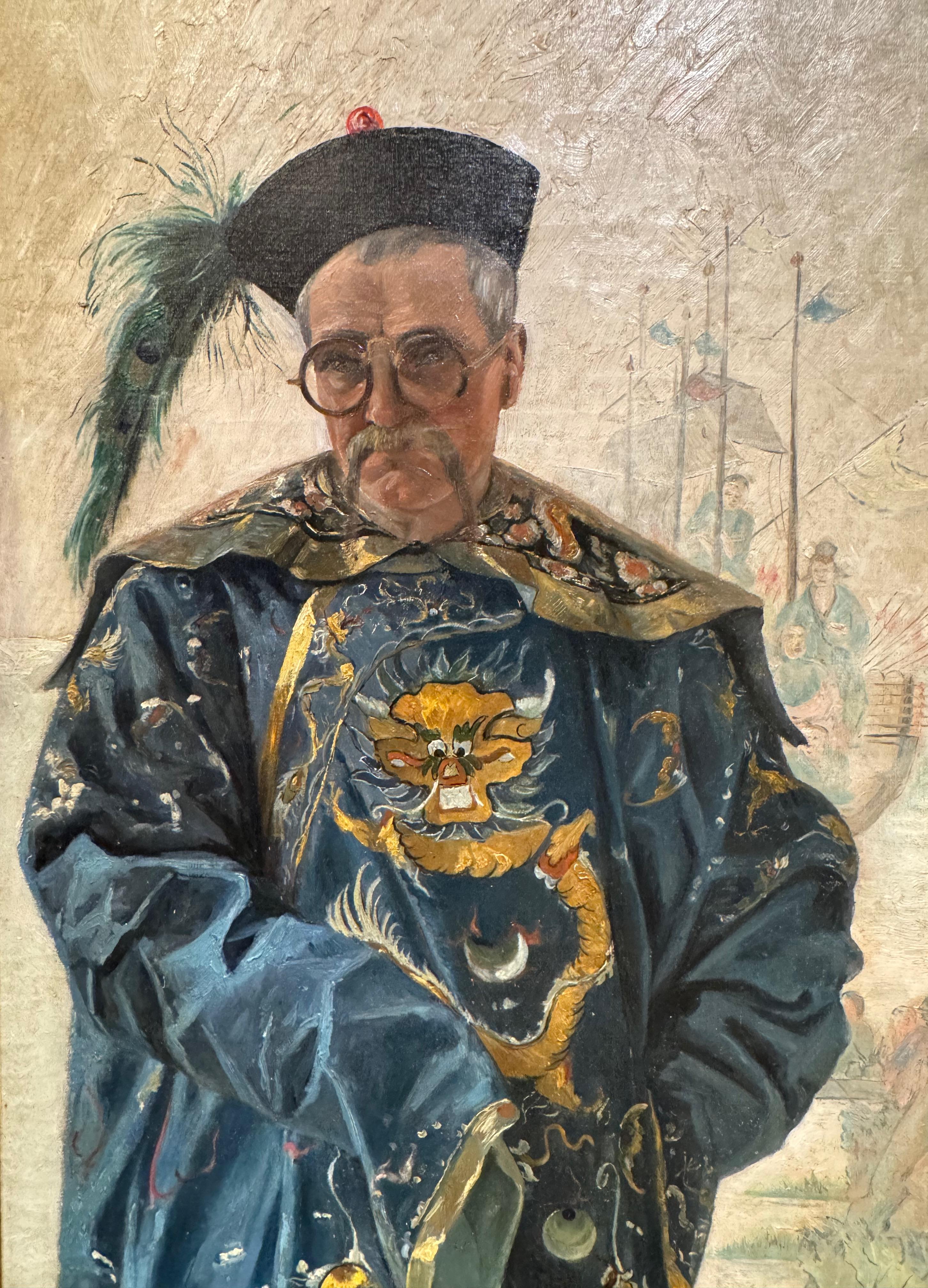 Seltene Porträts von Westlern, die als reiche chinesische Persönlichkeiten gekleidet sind. Französische Schule, signiert unten rechts Rose FAVRE, um 1910-1920. Gemalt auf Hartfaserplatten, erschienen 1898. Die Psychologie der Figuren wird in diesen