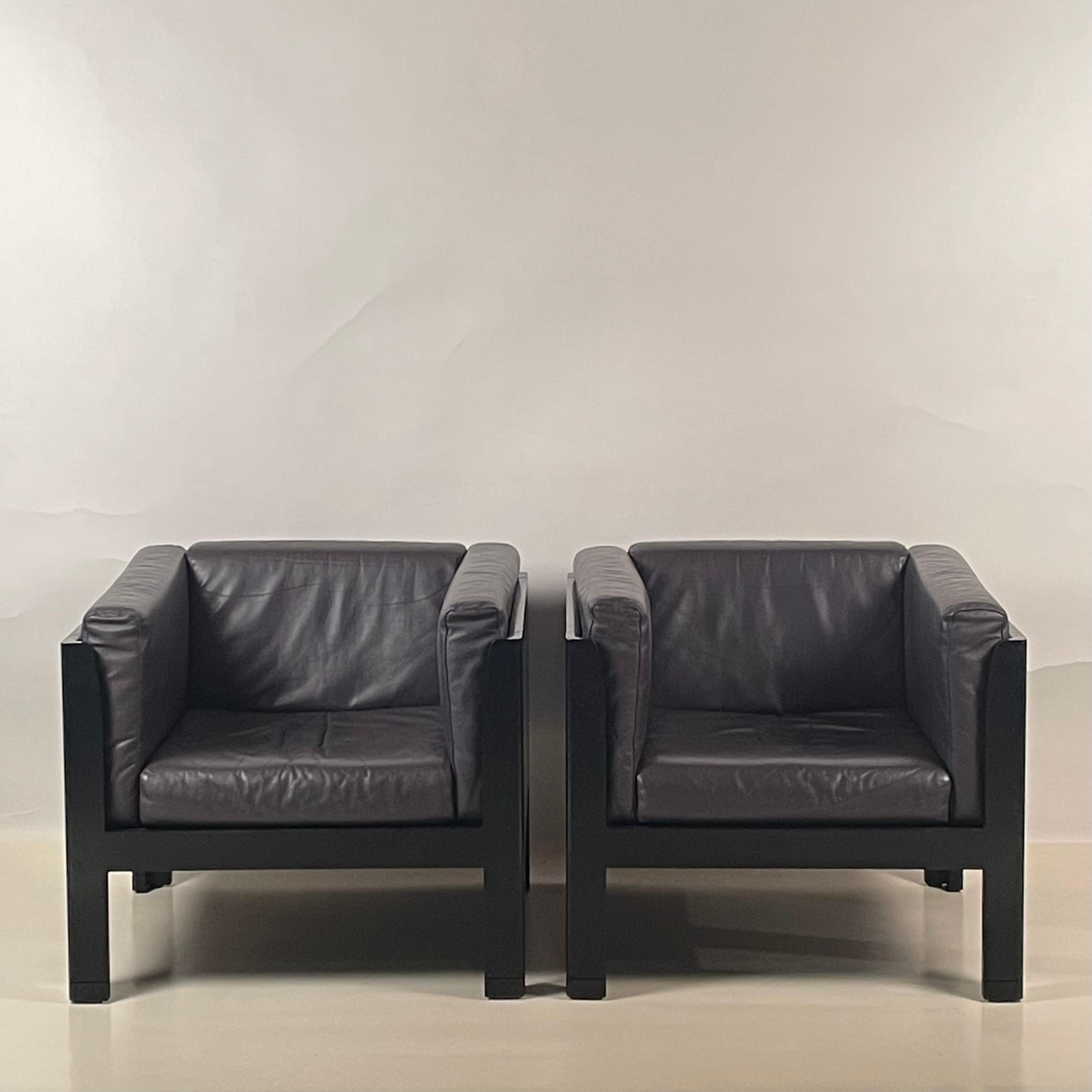 American Rare Pair of Post-Modern Ebonized Oak and Leather Club Chairs by Brian Kane For Sale