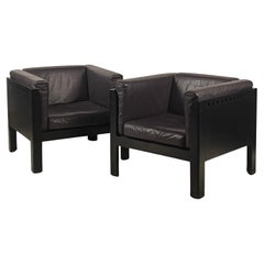 Rare Pair of Post-Modern Ebonized Oak and Leather Club Chairs by Brian Kane