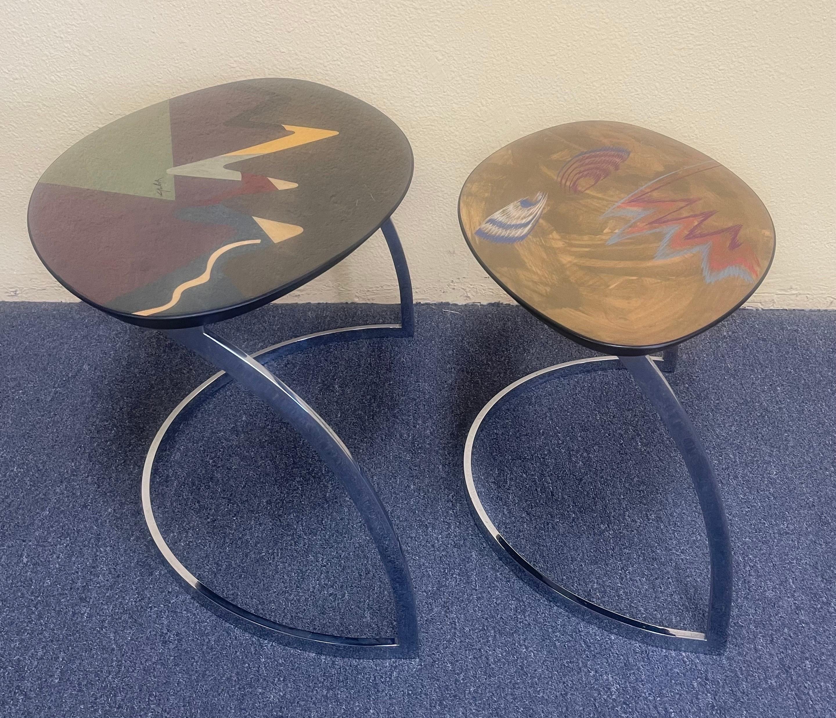Chrome Rare Pair of Post-Modern Lacquered Nesting Tables Signed by Pietro Costantini For Sale