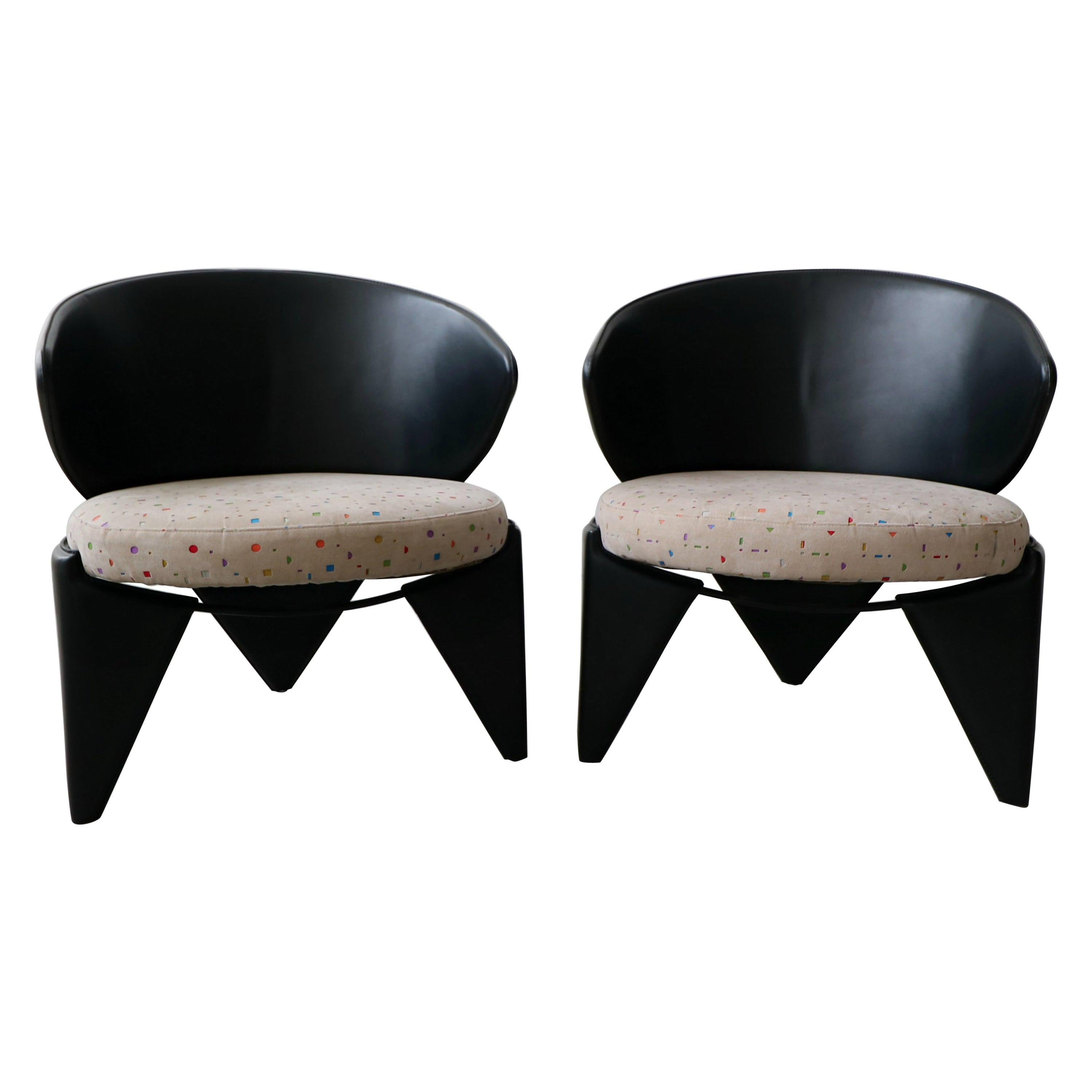 Rare Pair of Postmodern 3-Leg Italian Leather Chairs by Saporiti