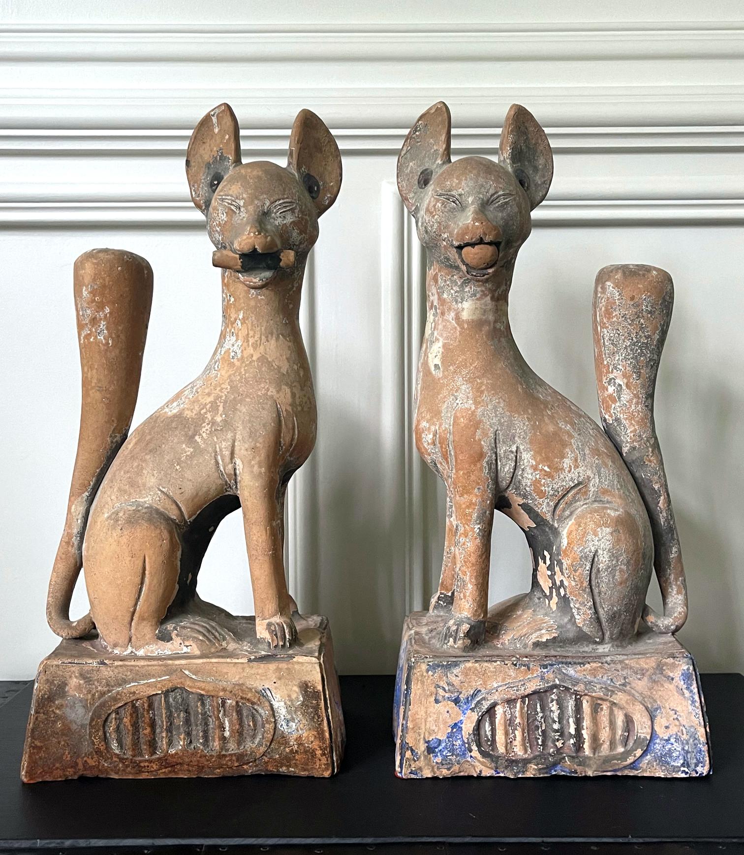 On offer is a pair of Japanese kitsune statues on plinth made from molded pottery. In Japanese Shinto religion and folklore, kitsune (fox) is a spirited animal that represents a wide range of concepts depending on the context. They tend to be