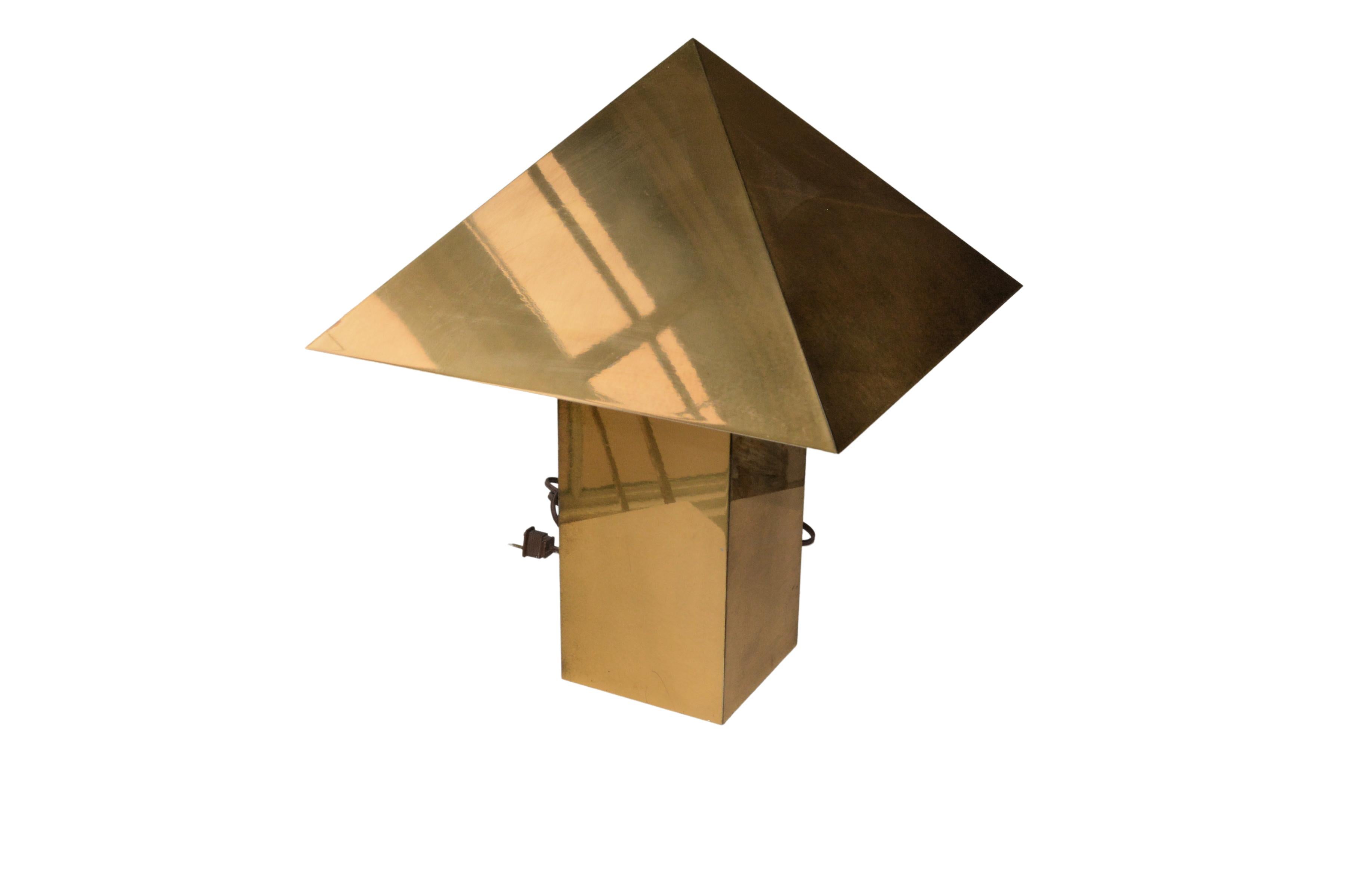 Chapman table lamps, pair, brass, 1978, square column bases support pyramid shades, plastic grid diffusers, each signed and dated with Chapman labels, 14