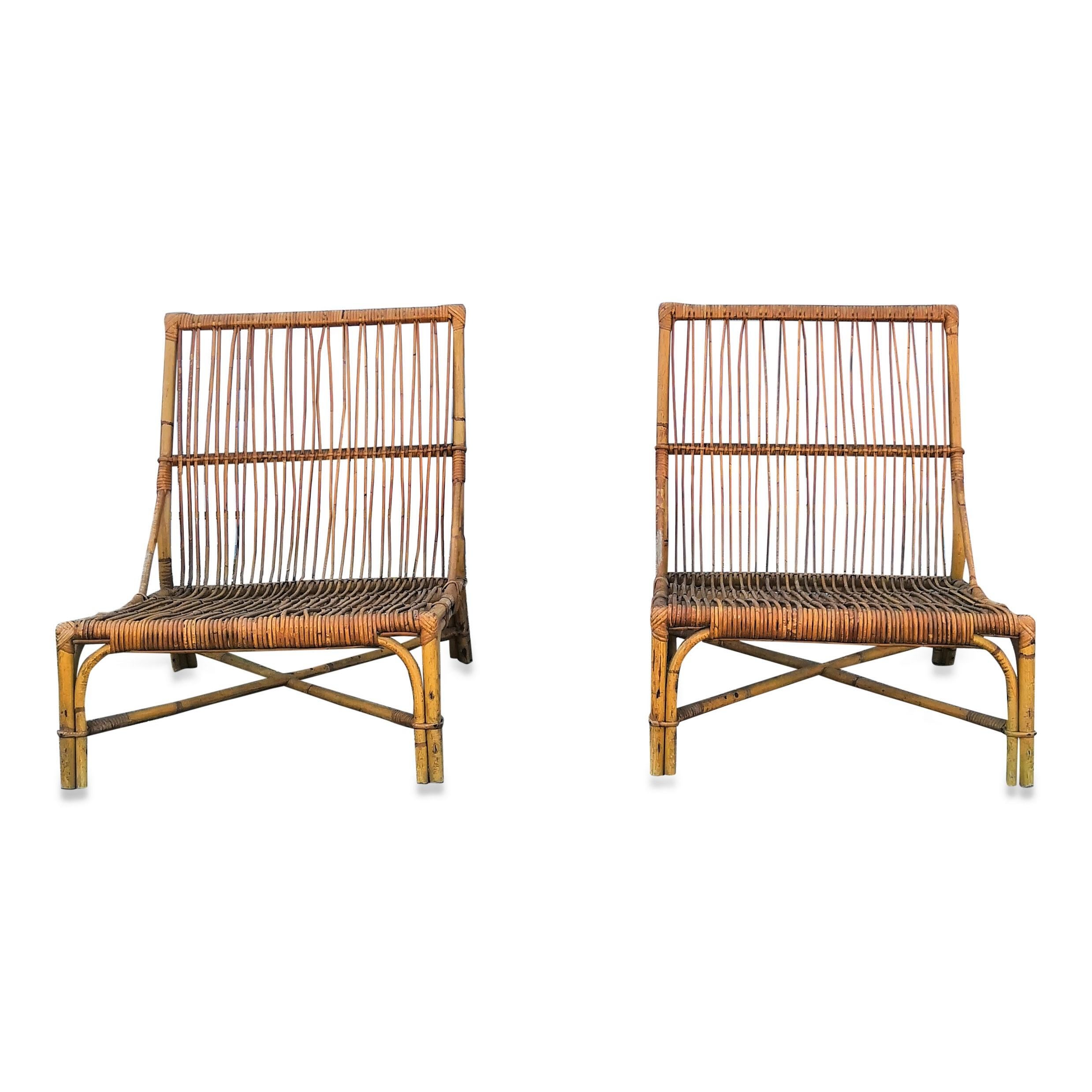 French Rare Pair of Rattan Lounge Chairs by Audoux Minnet, France, 1950s