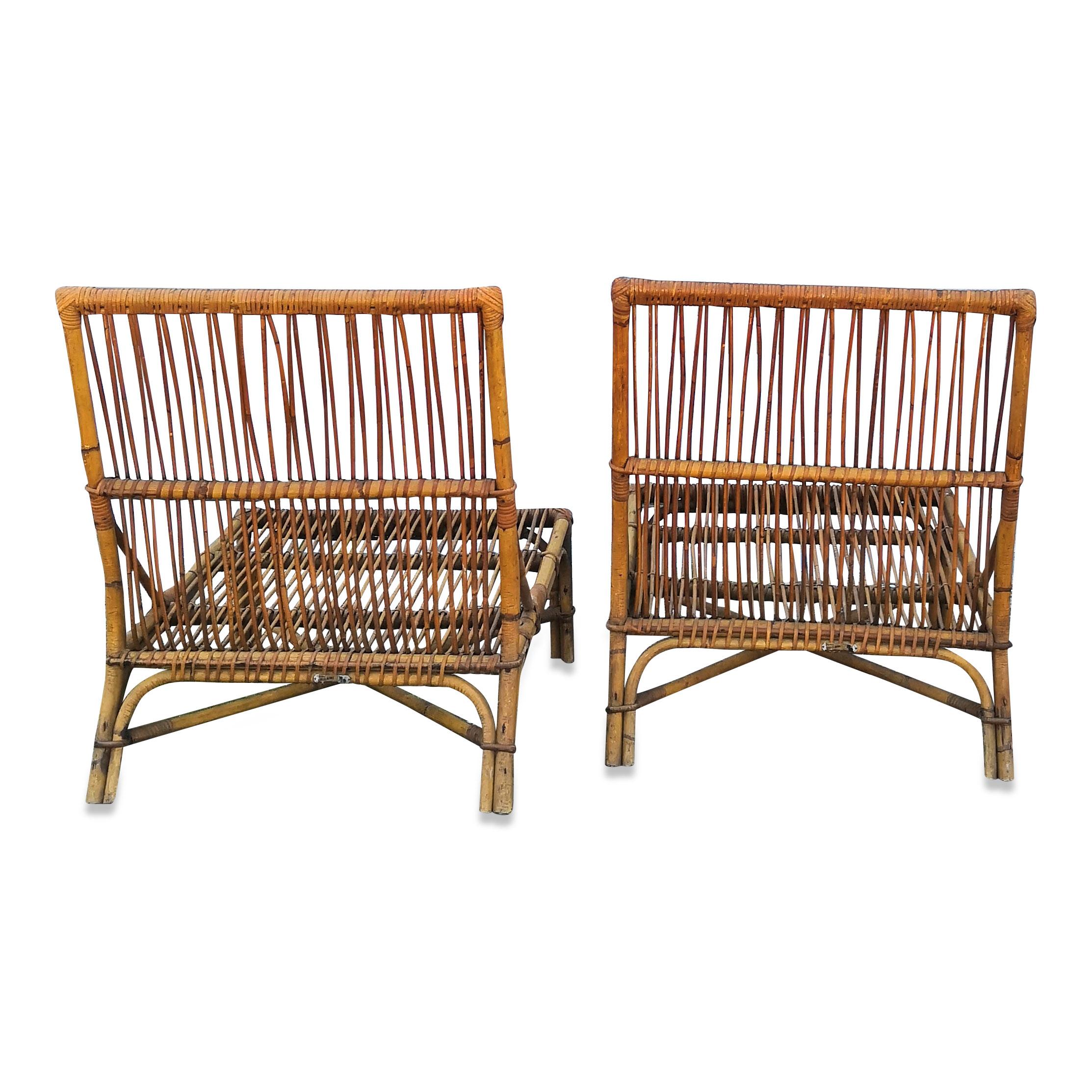 Mid-20th Century Rare Pair of Rattan Lounge Chairs by Audoux Minnet, France, 1950s