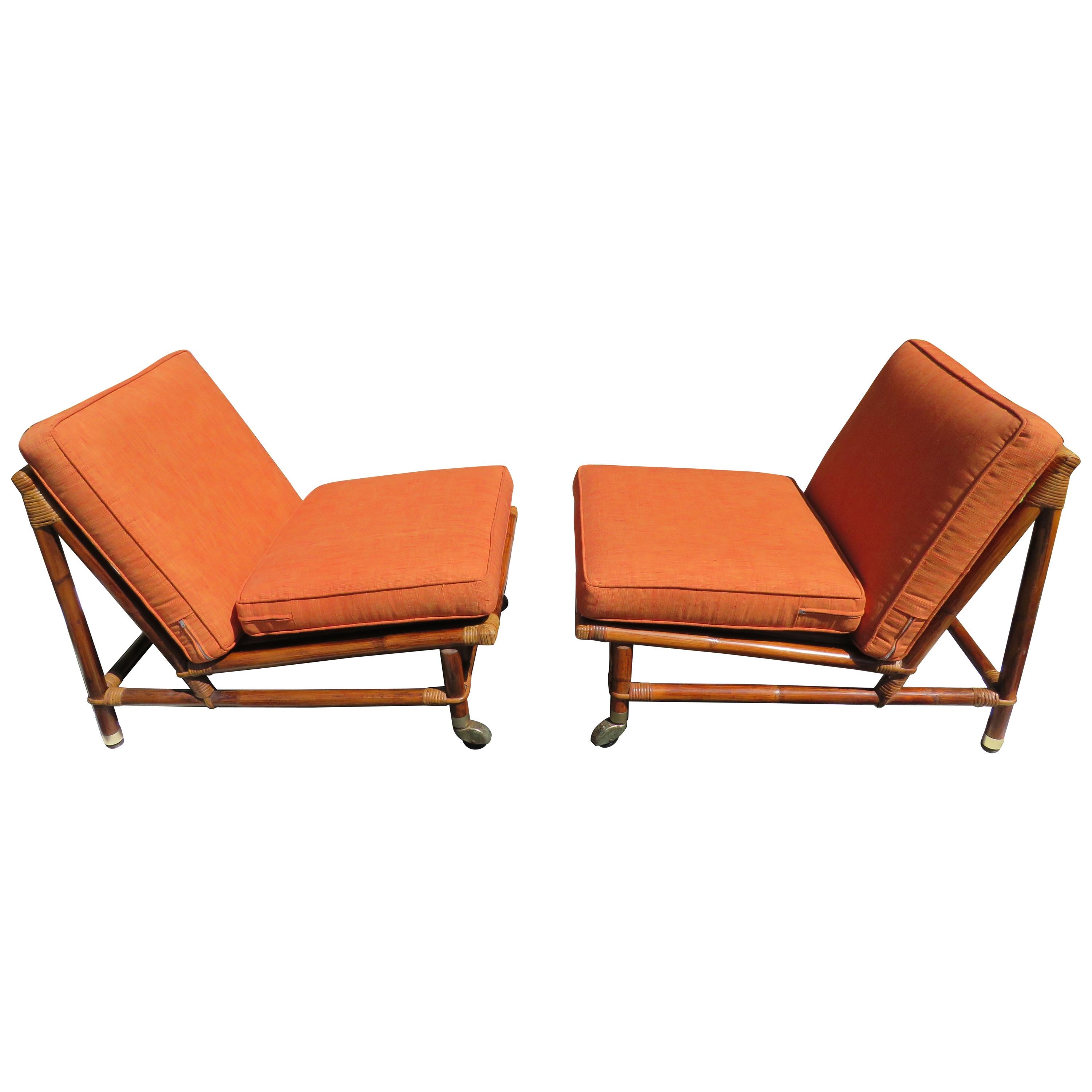 Rare Pair of Rattan Slipper Campaign Chairs by John Wisner for Ficks Reed