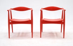 Rare Pair of Red Hans Wegner Arm Chairs for Hansen and Son. Original. Signed.