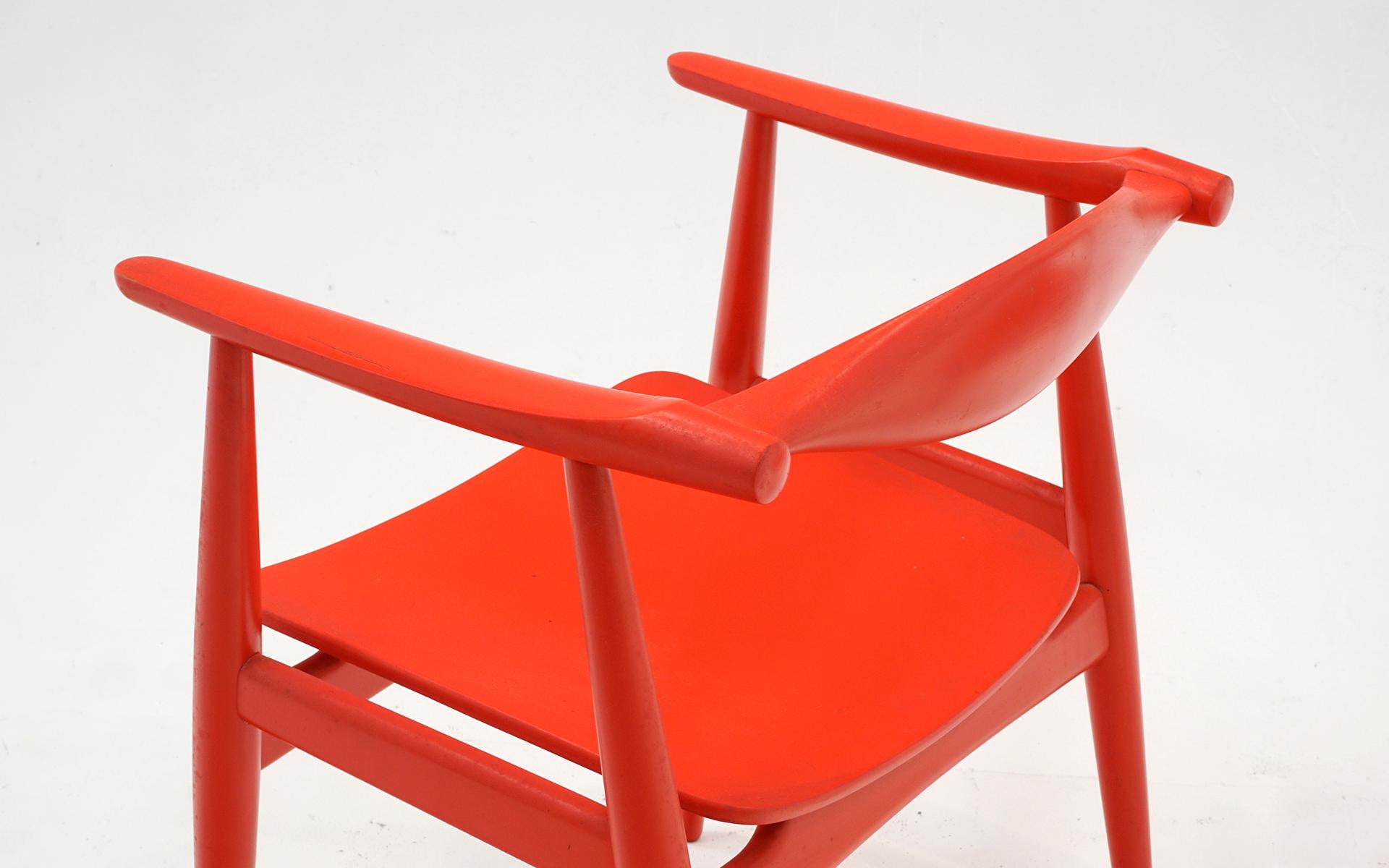 Wood Rare Pair of Red Hans Wegner Arm Chairs for Hansen and Son. Original. Signed. For Sale