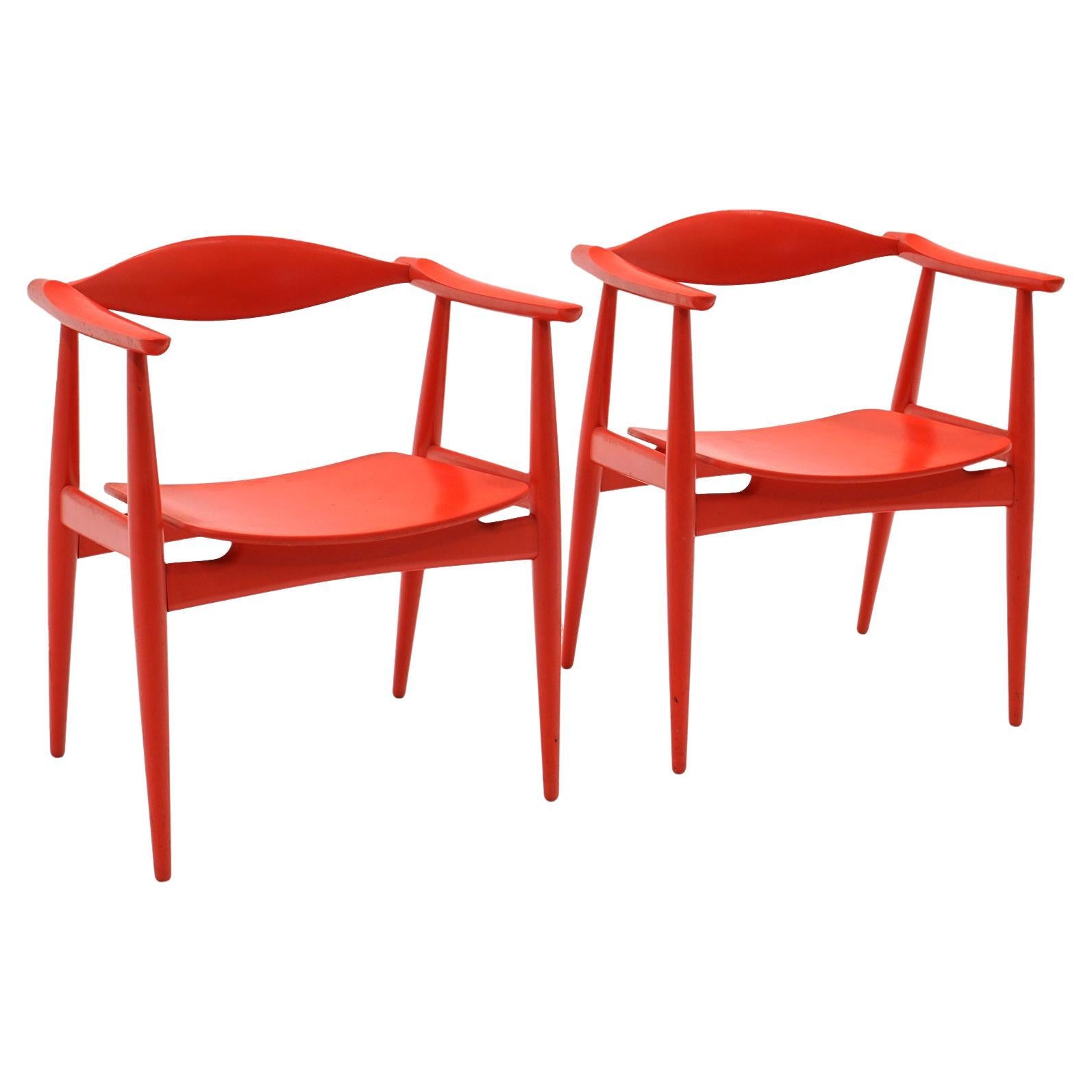 Rare Pair of Red Hans Wegner Arm Chairs for Hansen and Son. Original. Signed. For Sale