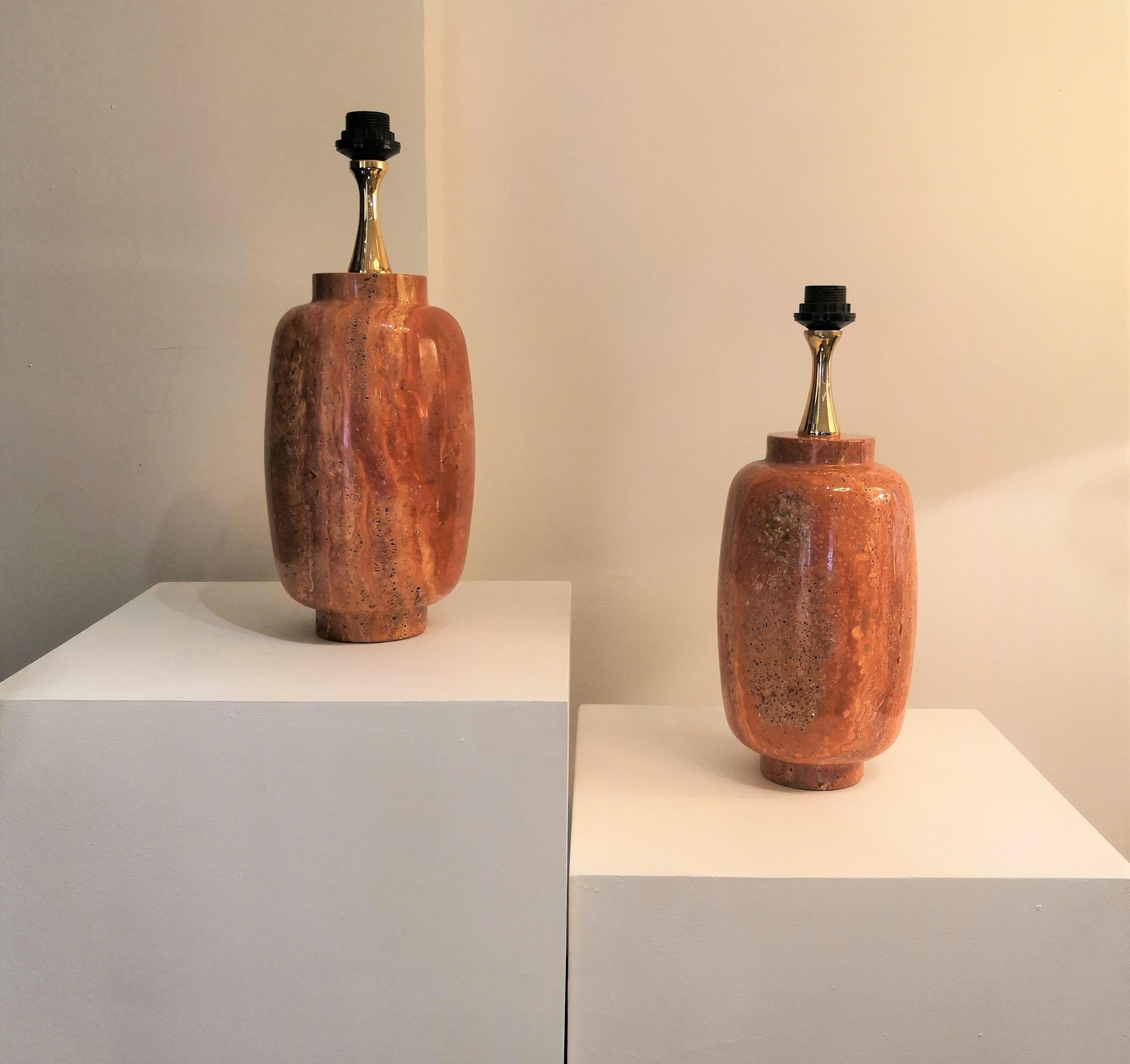 French Rare Pair of Red Travertine Table Lamps by Maison Barbier, France, 1970s