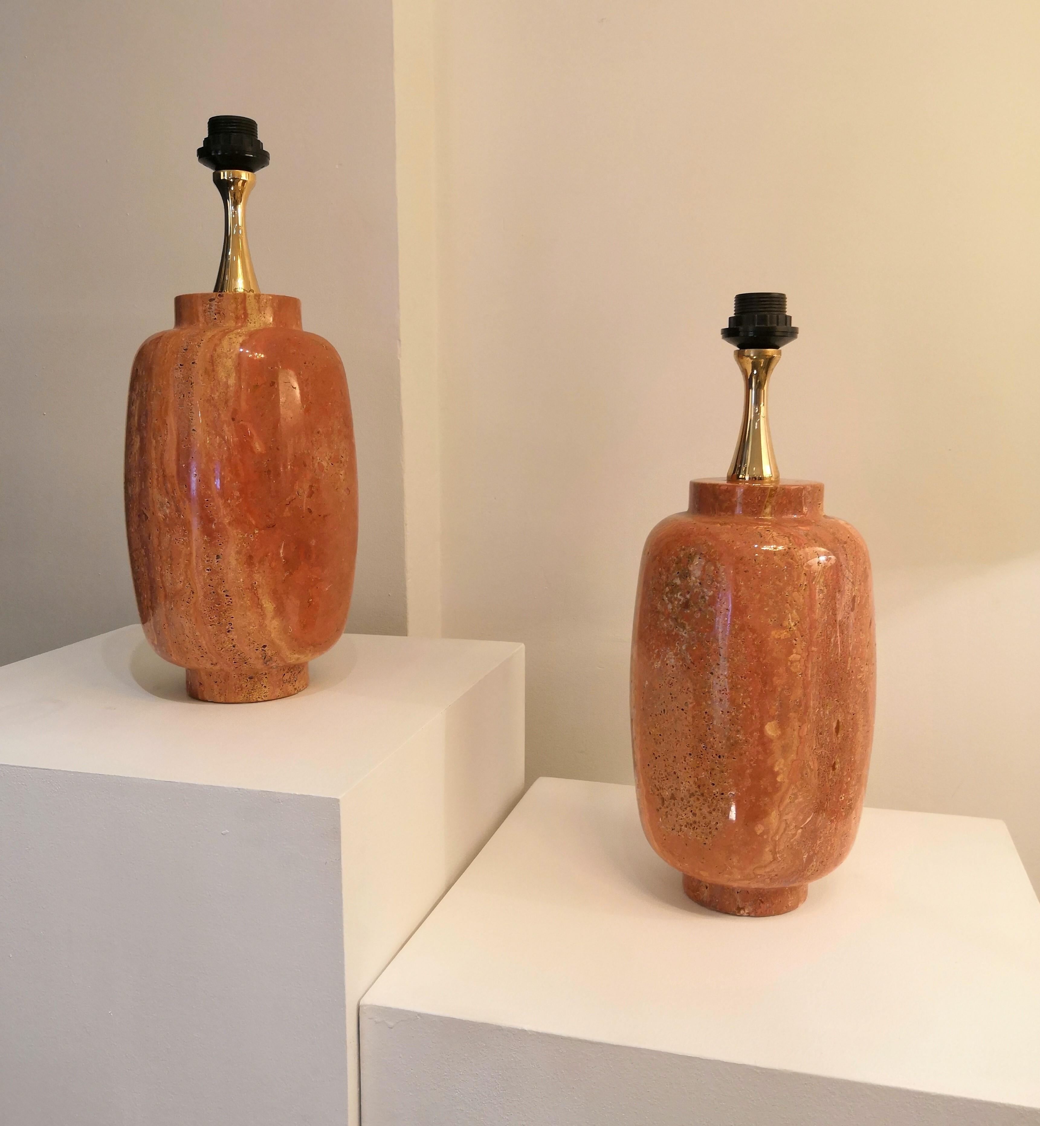 Rare Pair of Red Travertine Table Lamps by Maison Barbier, France, 1970s In Good Condition In New York, NY