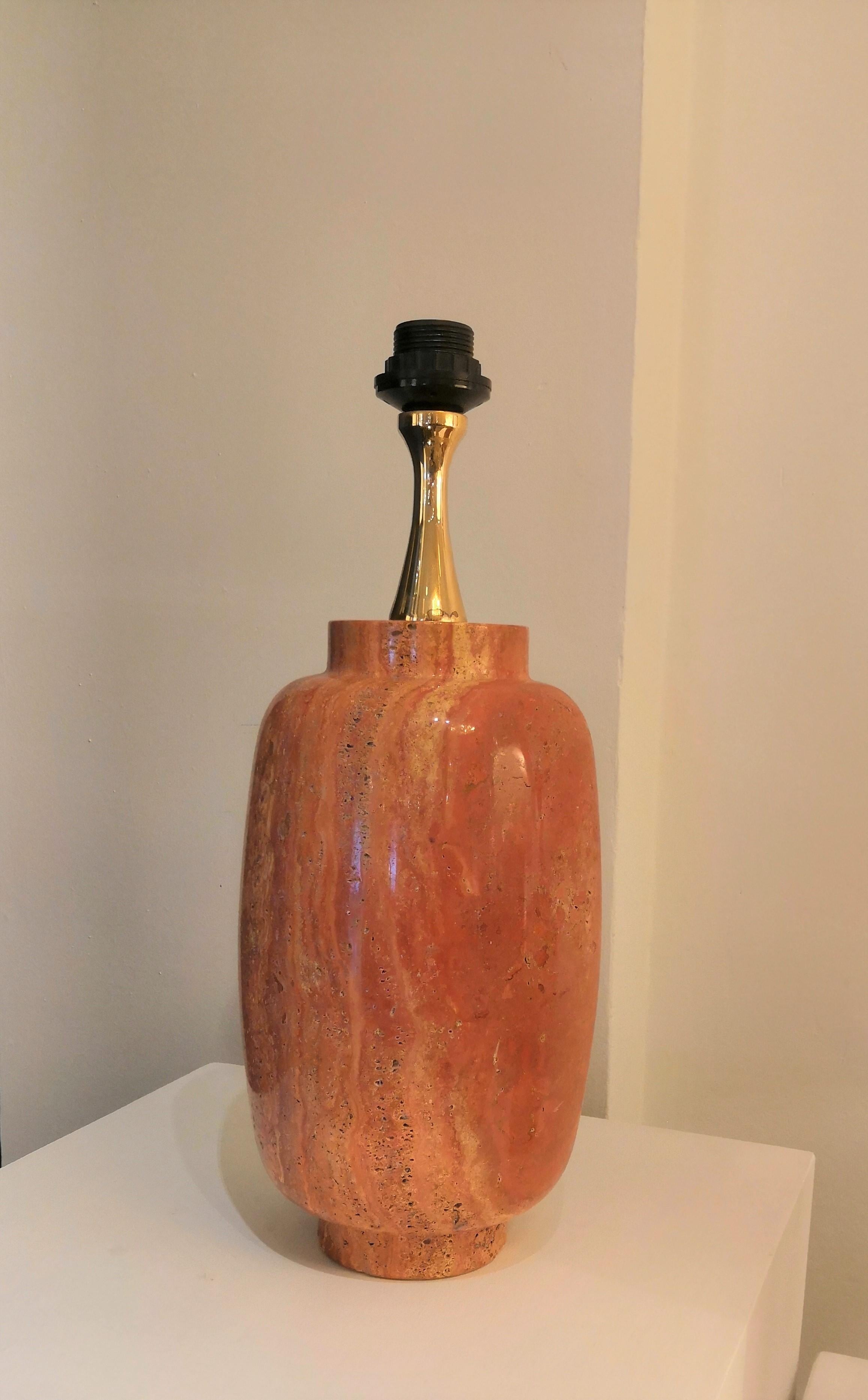 Brass Rare Pair of Red Travertine Table Lamps by Maison Barbier, France, 1970s