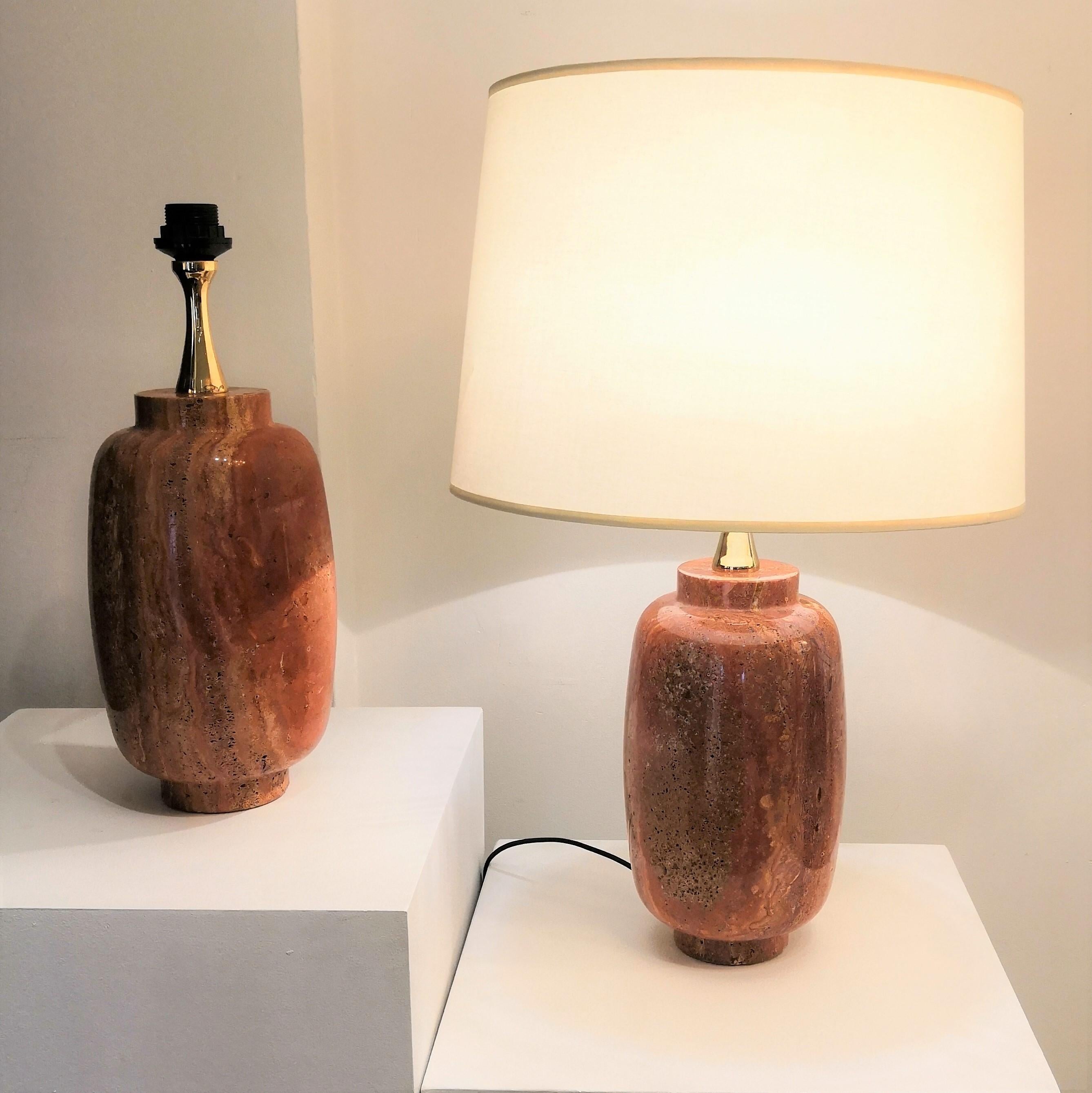 Rare Pair of Red Travertine Table Lamps by Maison Barbier, France, 1970s 3