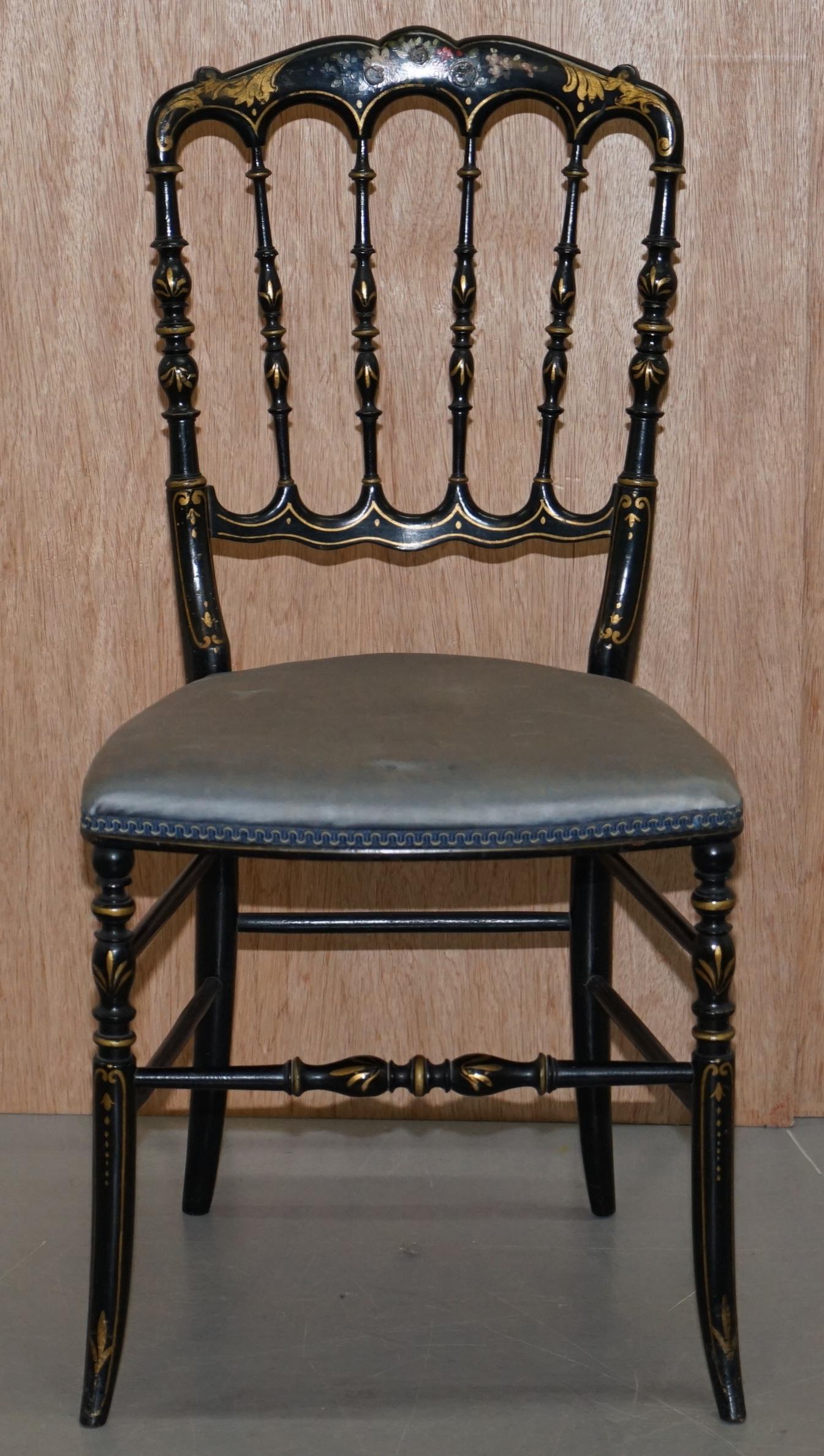 Rare Pair of Regency Floral Hand Painted Ornate Chinoiserie Ebonized Chairs 9