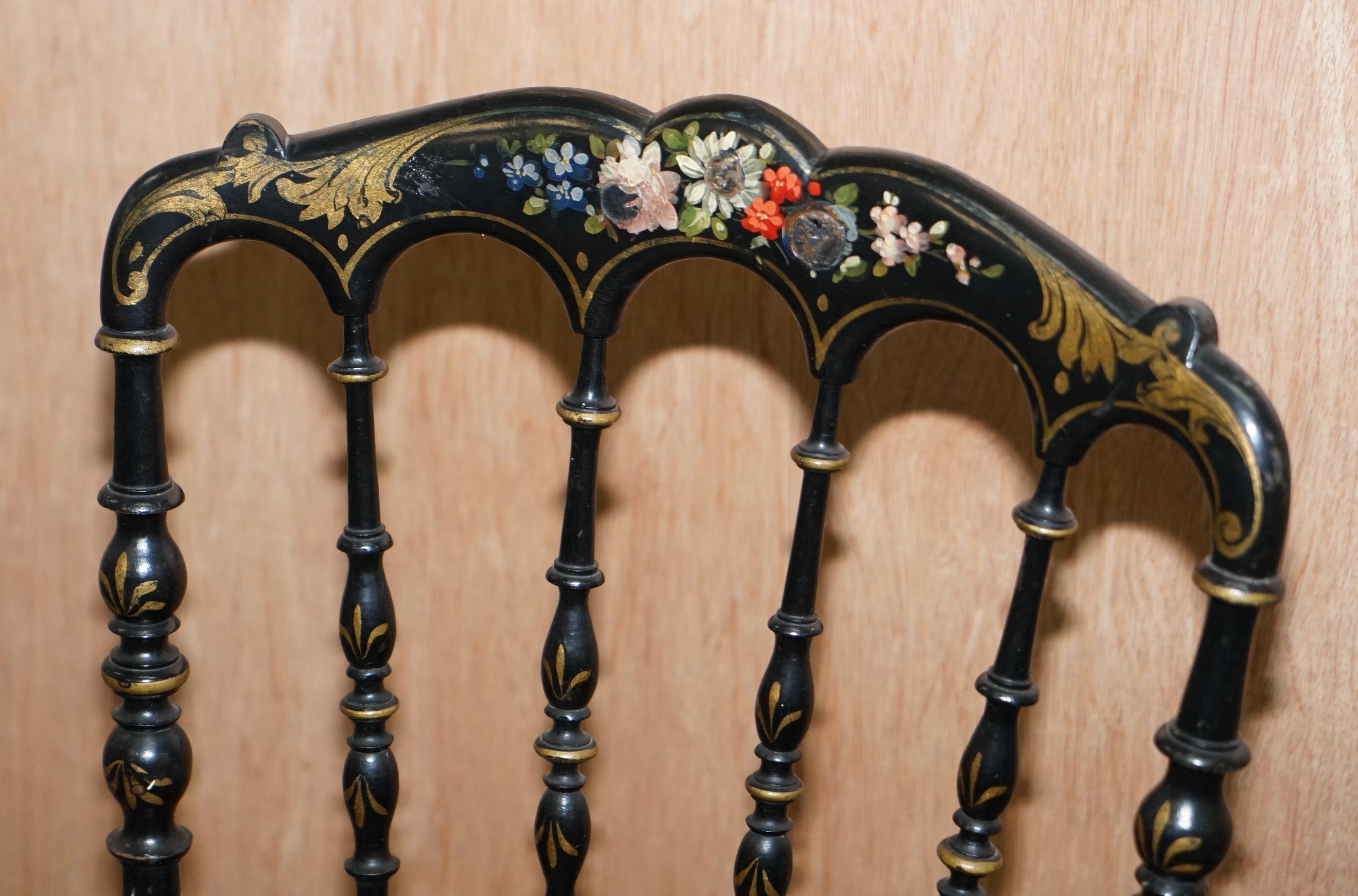 Rare Pair of Regency Floral Hand Painted Ornate Chinoiserie Ebonized Chairs 11