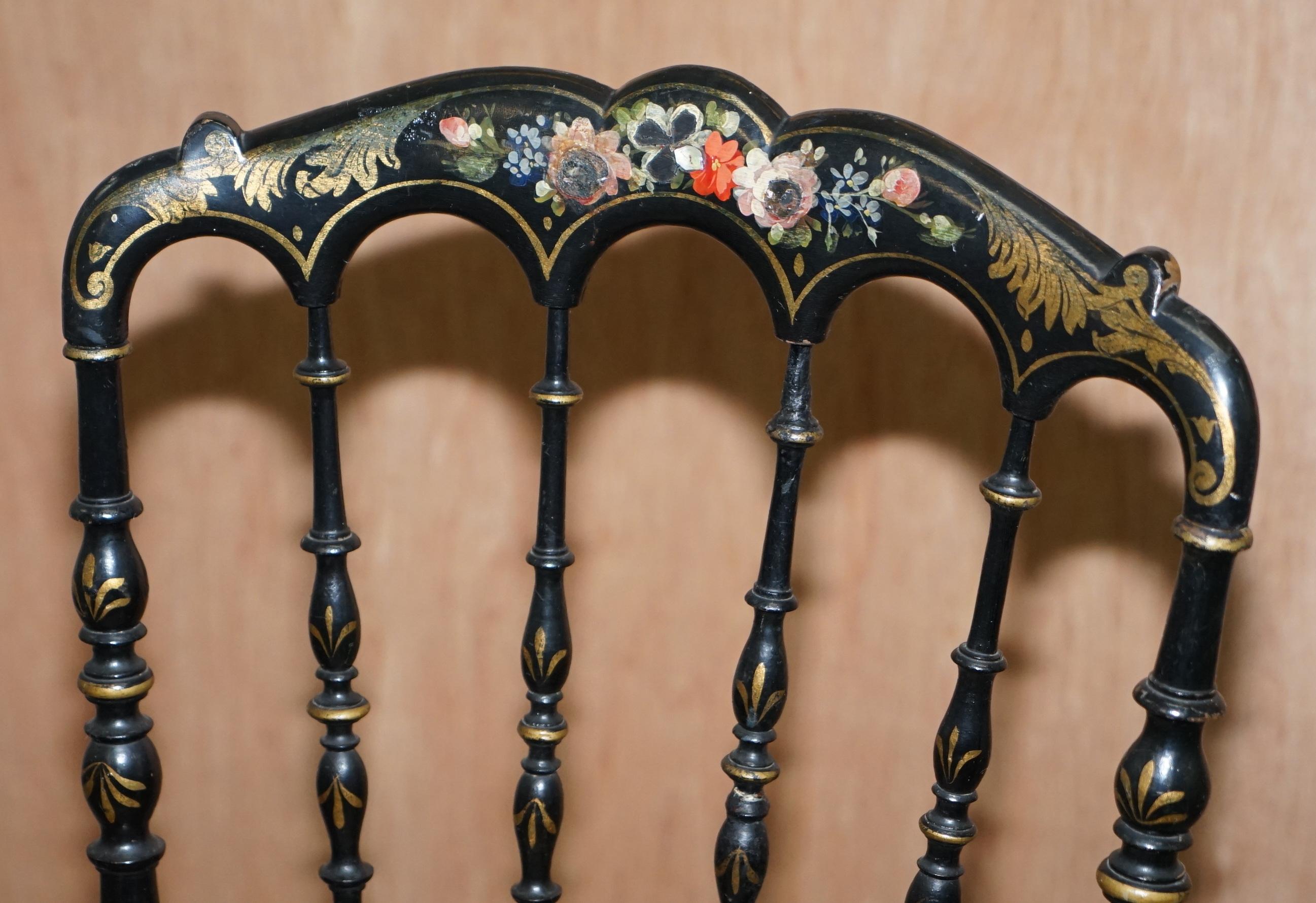 19th Century Rare Pair of Regency Floral Hand Painted Ornate Chinoiserie Ebonized Chairs