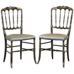 Rare Pair of Regency Floral Hand Painted Ornate Chinoiserie Ebonized Chairs