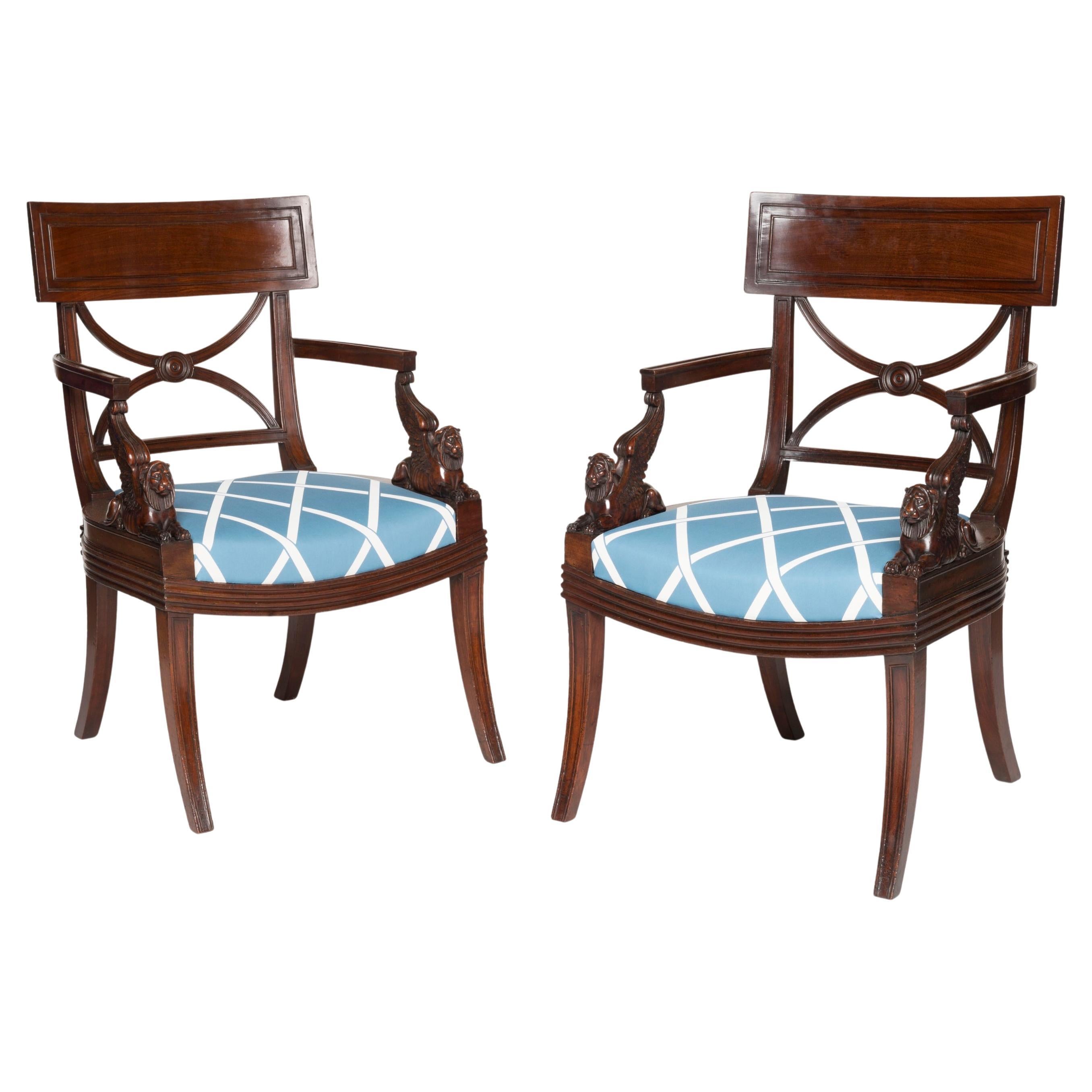 Rare Pair of Regency Period Mahogany Armchairs designed by Thomas Hope For Sale