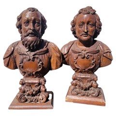 Rare Pair Of Reliquary Busts Made Of Carved Walnut, 17th Century