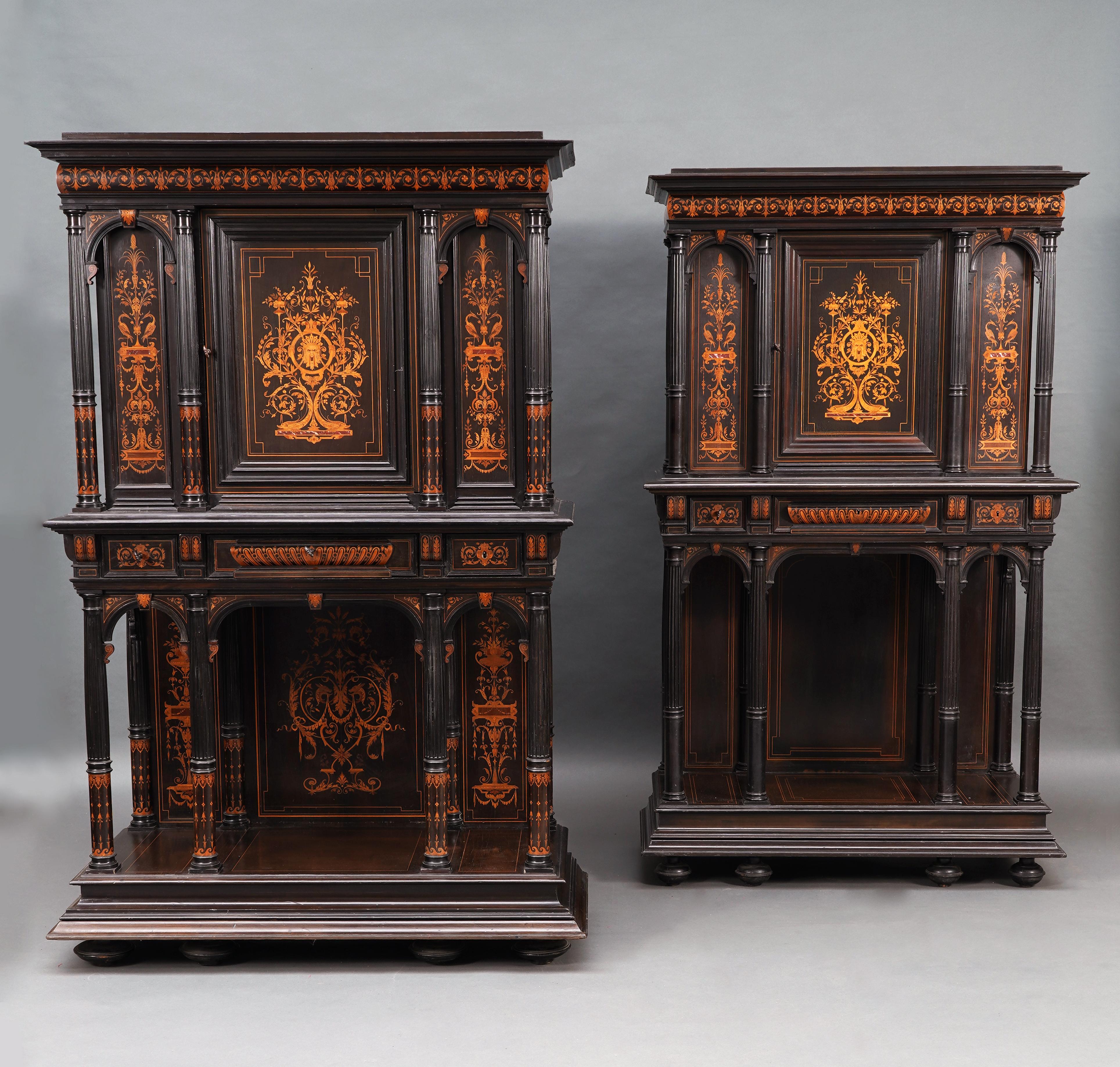 Cabinet 1 - Height : 152 cm (59,8 in.) ; Width : 96 cm (37,8 in.) ; Depth : 48 cm (18,9 in.)
Cabinet 2 - Height : 150 cm (59 in.) ; Width : 87,5 cm (34,4 in.) ; Depth : 42 cm (16,5 in.)

Rare near pair of French Renaissance style cabinets attributed