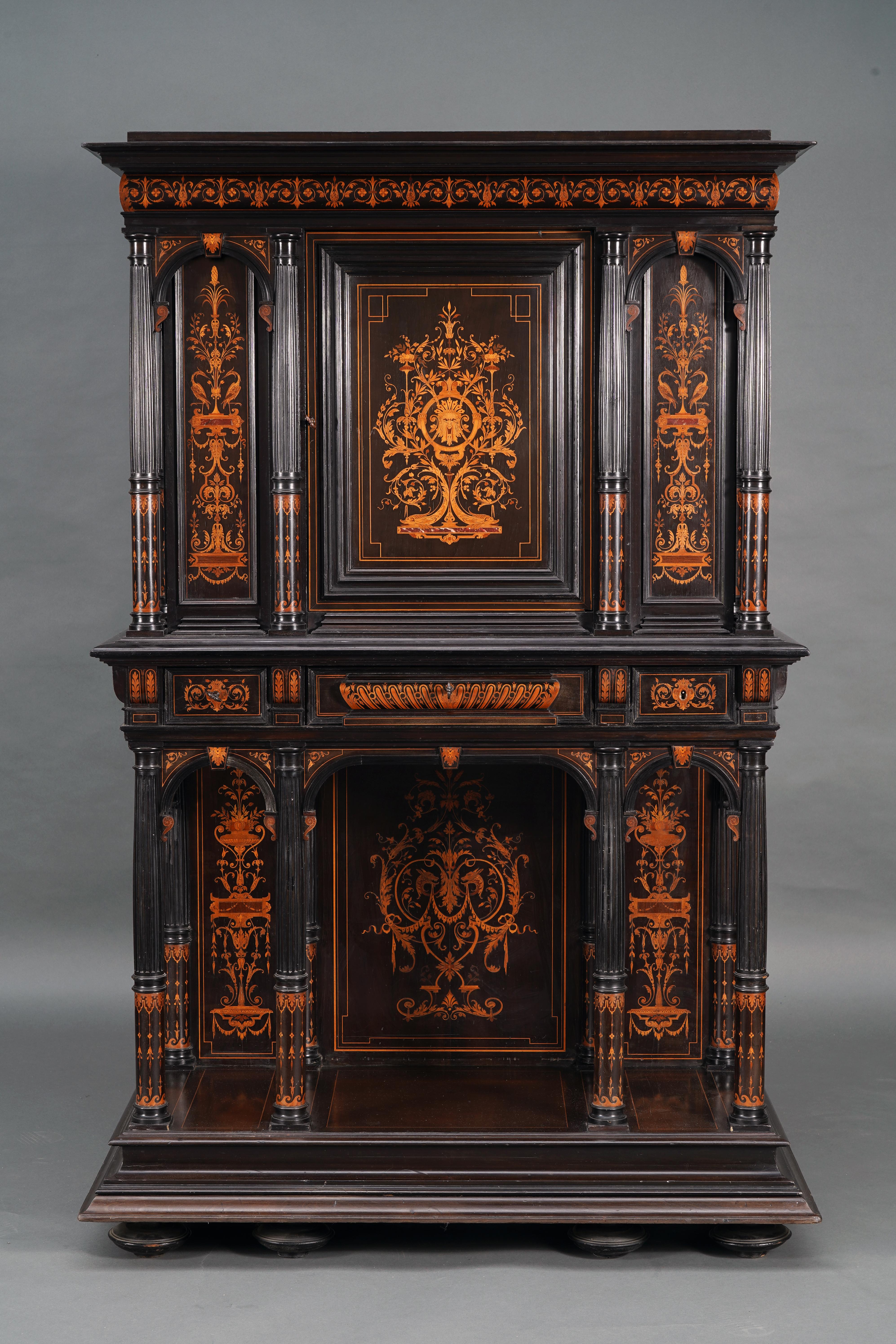 Marquetry Rare Pair of Renaissance Revival Cabinet Attributed to F. Linke, France, c. 1880 For Sale