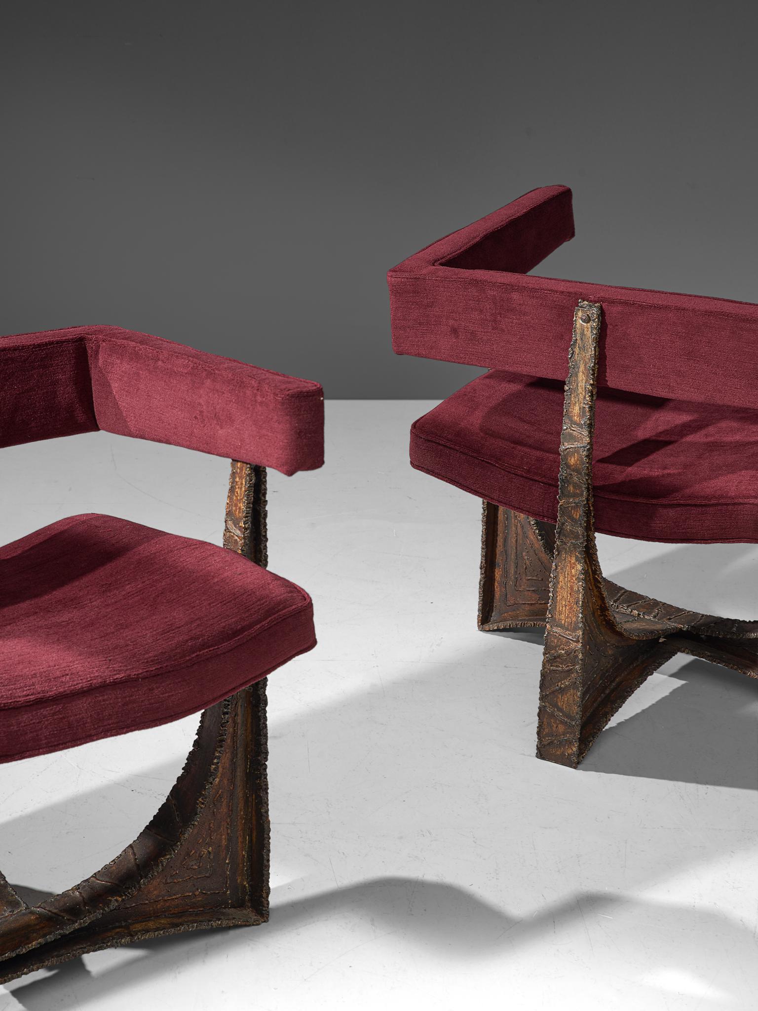 Mid-20th Century Rare Pair of Reupholstered Armchairs in Burgundy Mohair by Paul Evans