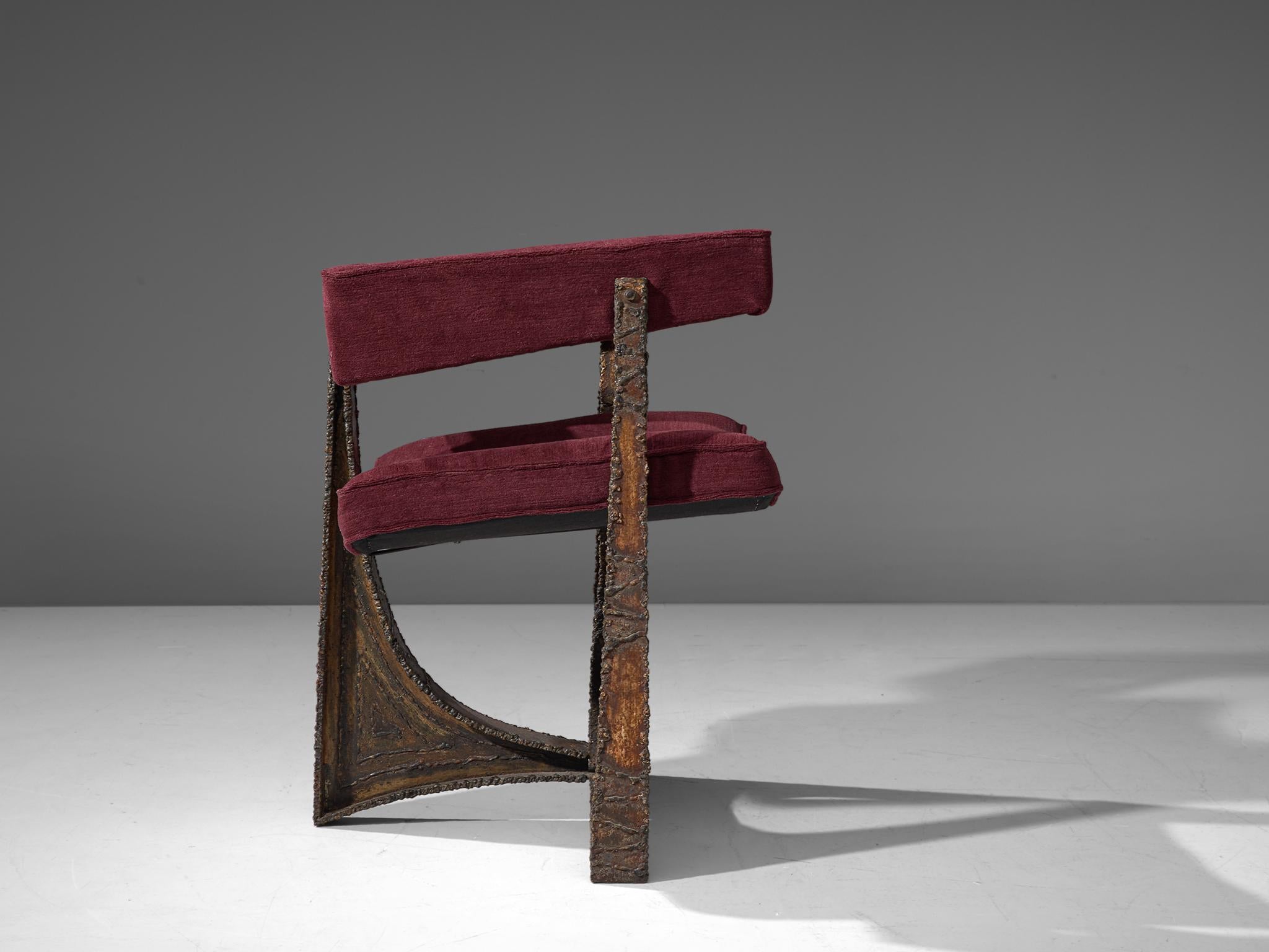 Steel Rare Pair of Reupholstered Armchairs in Burgundy Mohair by Paul Evans