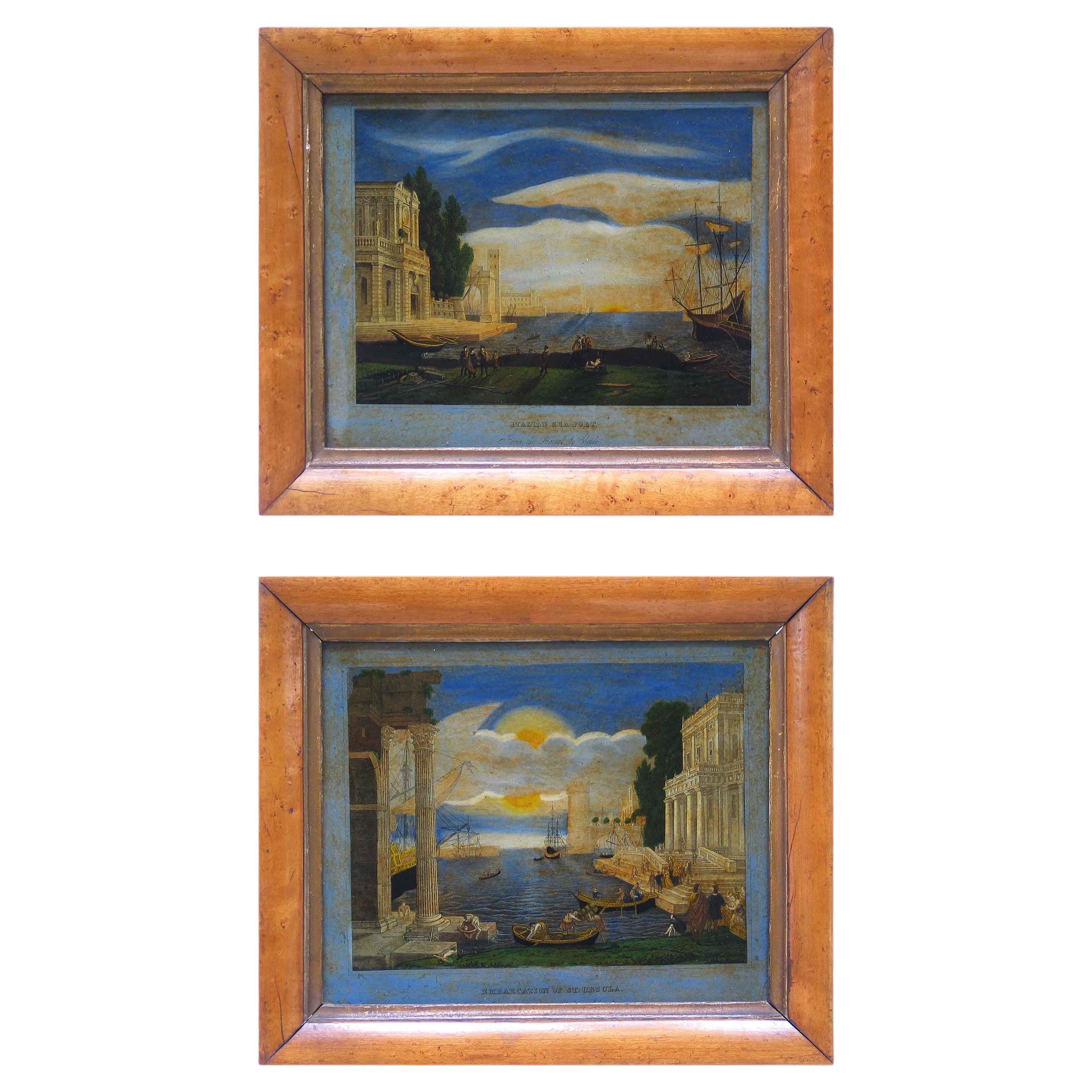 Rare Pair of Reverse Glass Prints After Claude Gelle Called Le Lorrain C.  1820 For Sale