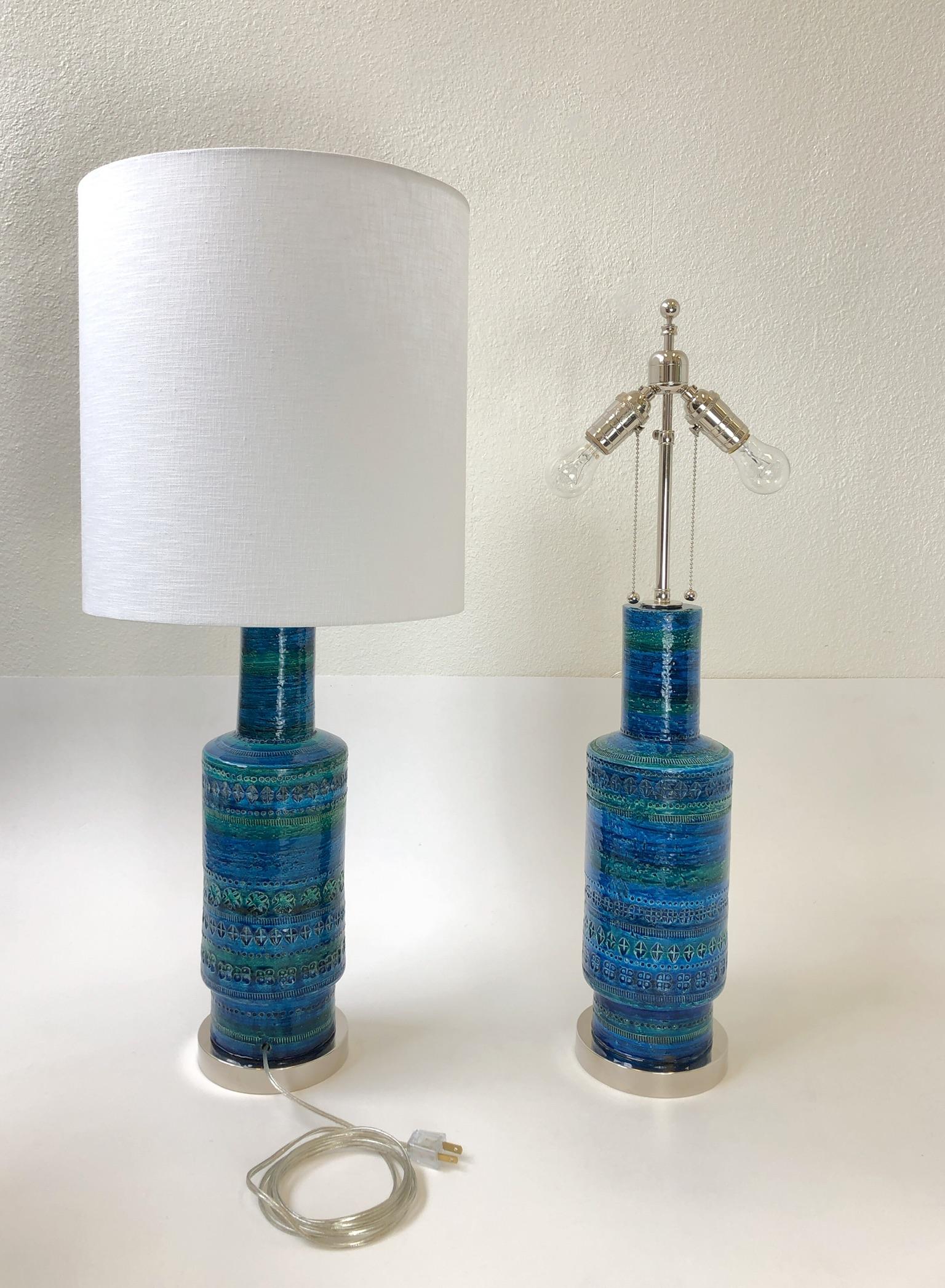 Linen Rare Pair of Rimini Blue Italian Ceramic and Nickel Table Lamps by Bitossi